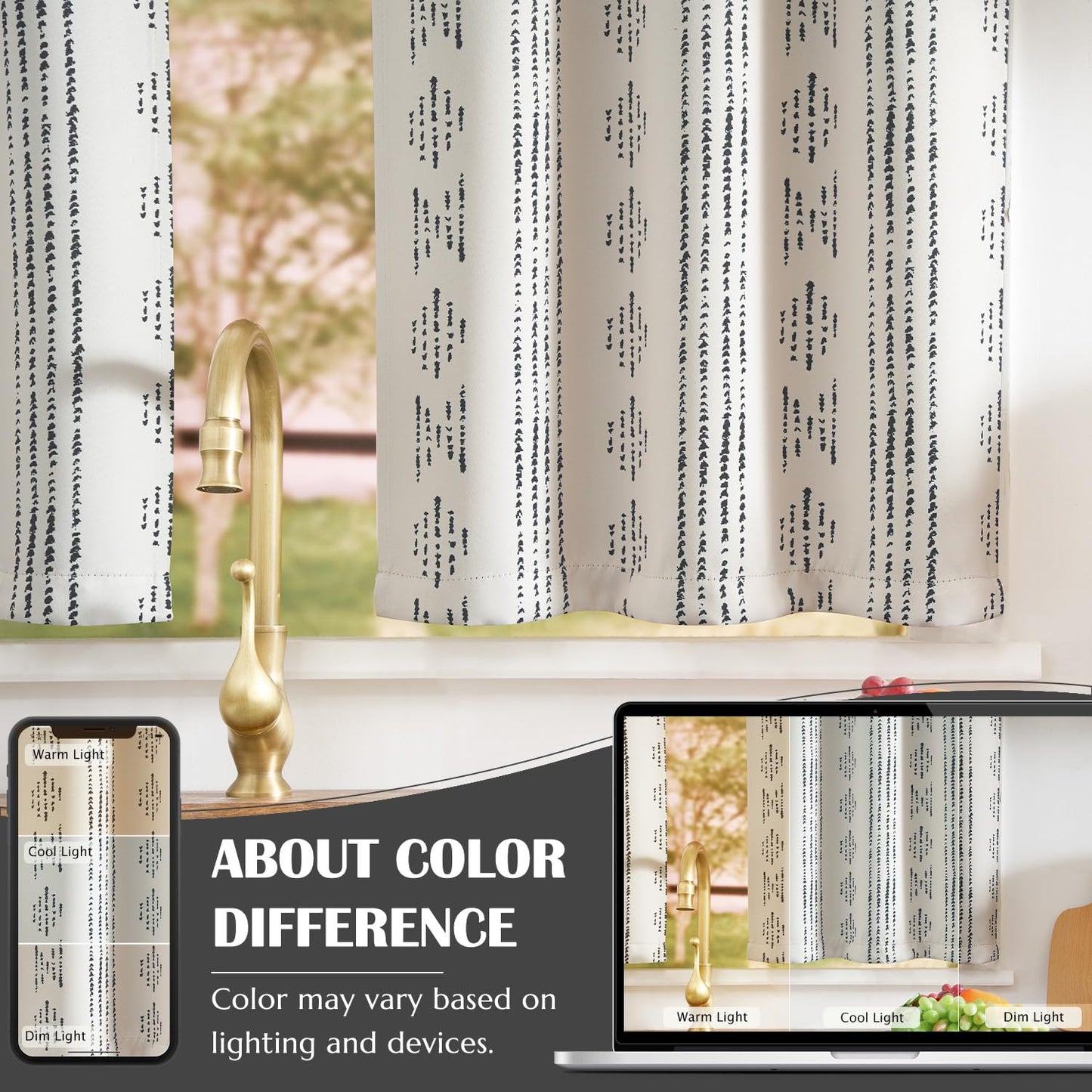jinchan 95% Blackout Boho Kitchen Curtains 36 Inches Cafe Tier Curtains Bohemian Small Drapes for Bedroom RV Basement Half Window Room Darkening Thermal Insulated 2 Panels Black on Beige