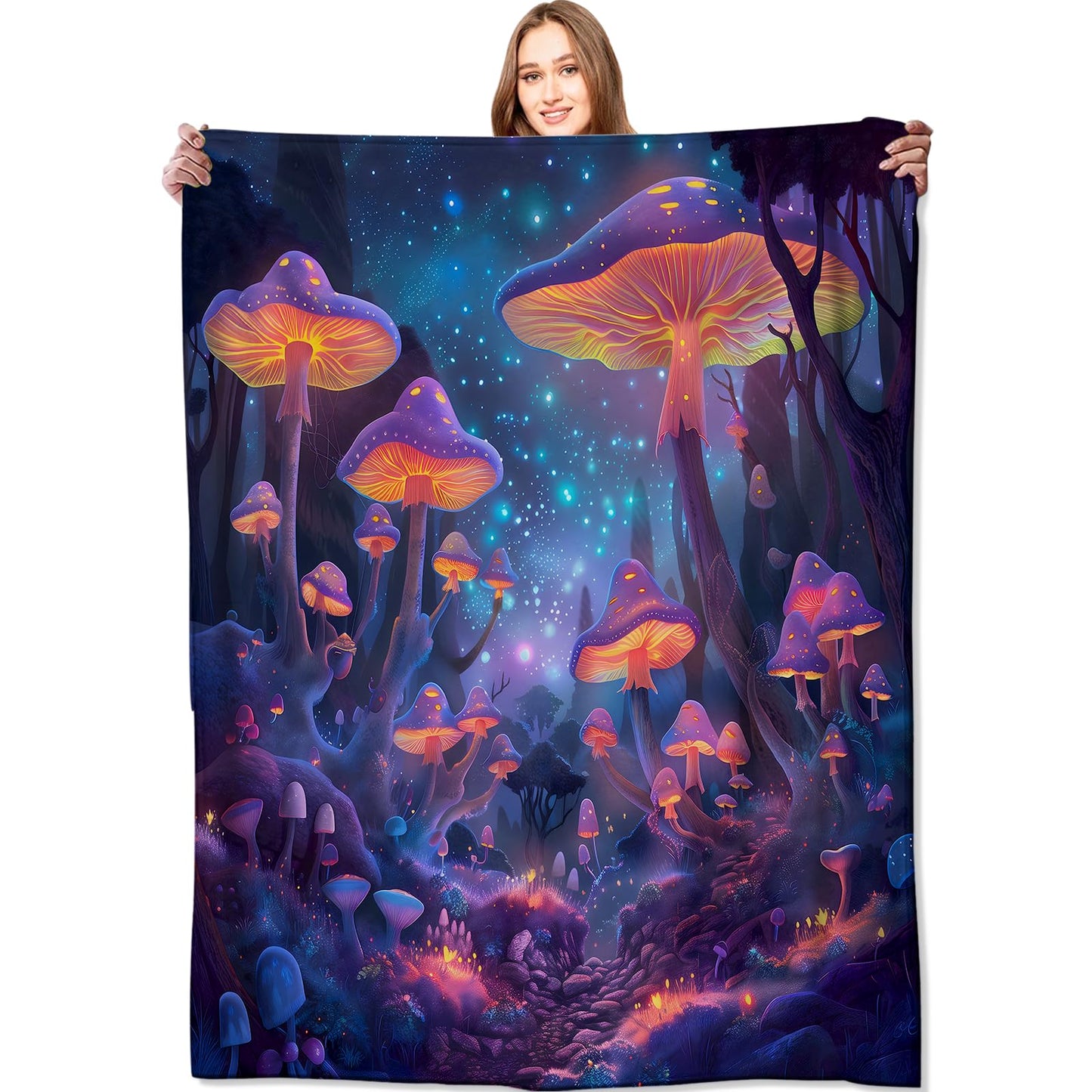 VODRM Mushroom Blanket Enchanted Forest Throw Blankets,Birthday Gifts for Kids Adult,Lightweight Soft Fleece with Glowing Starry Night,for Sofa Couch Bed Room Artistic Decor 50x60in