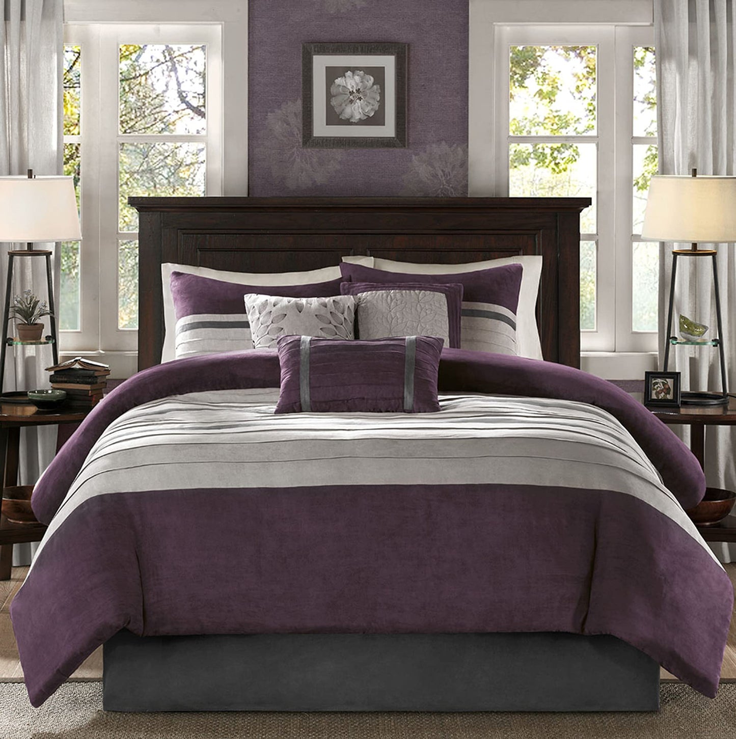 Madison Park Palmer Comforter Set - Faux Suede Design, Striped Accent, All Season Bedding, Shams, Decorative Pillow, Bed Skirt, Queen (90 in x 90 in), Purple 7 Piece