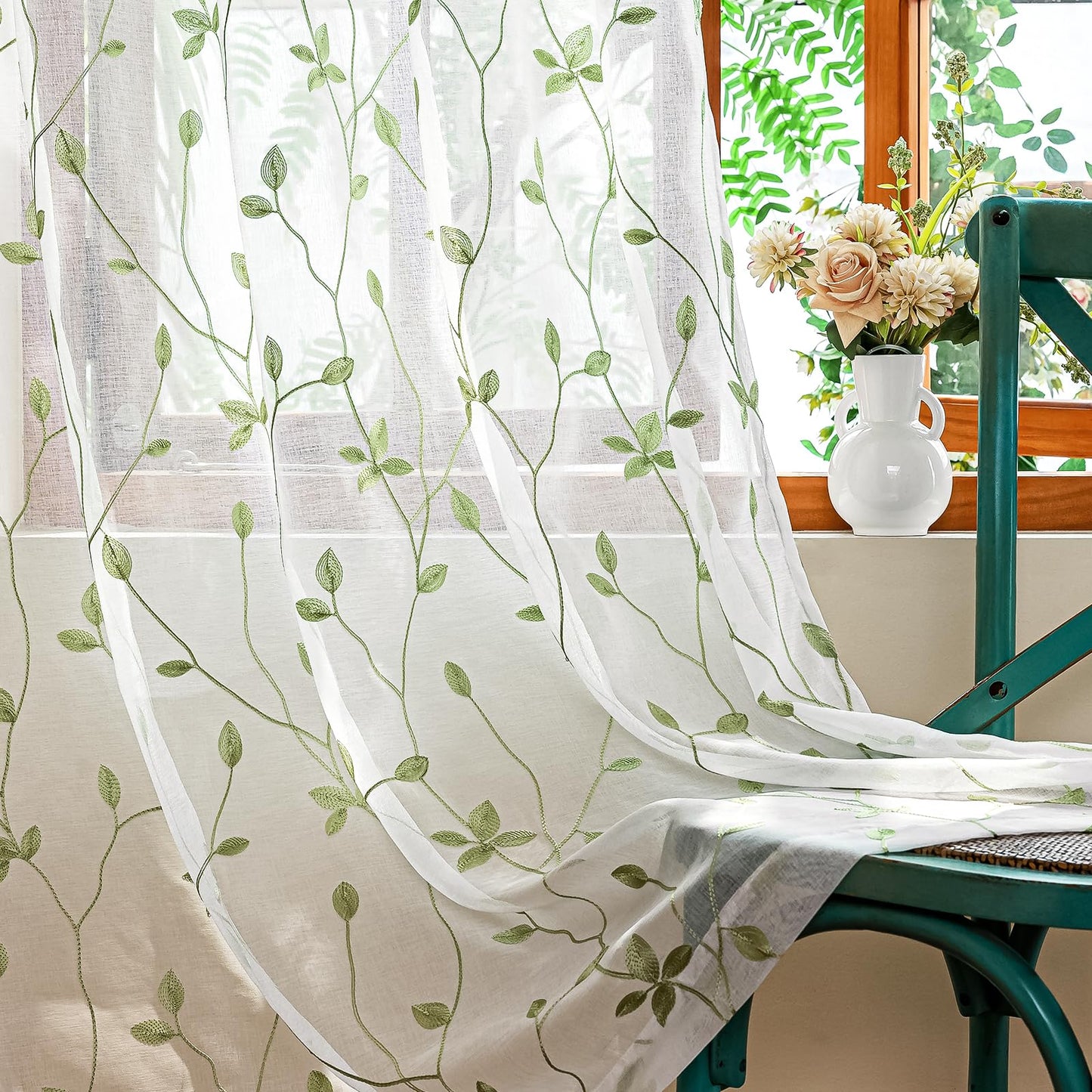 AmHoo 2 Panels Embroidered Leaf Pattern Semi Sheer Curtains Foliage Floral Voile Window Draperies Treatment for Bedroom Living Room Rod Pocket White Light Green 53 x 95 Inch