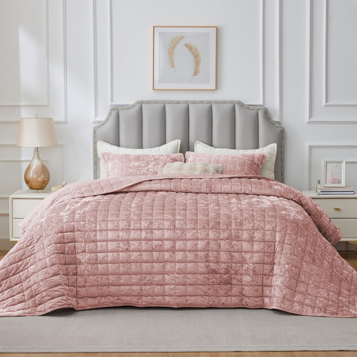 BEDELITE Velvet Quilt Set King Size - Luxury Soft Velvet Comforter Bedding Set for All Season, Lightweight Quilted Box Stitch Oversized Bedspread Coverlet with 2 Matching Shams, Shiny Dusty Pink
