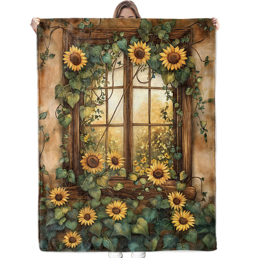 Bidesk Rustic Sunflower Window Blanket Soft Cozy Flannel Throw Blanket, Warm Yet Lightweight Cottage Flowers Blankets for Travel, Couch, Bed, for Adults Women Girls, Fuzzy Outdoor Comfort Wrap 60"×50"