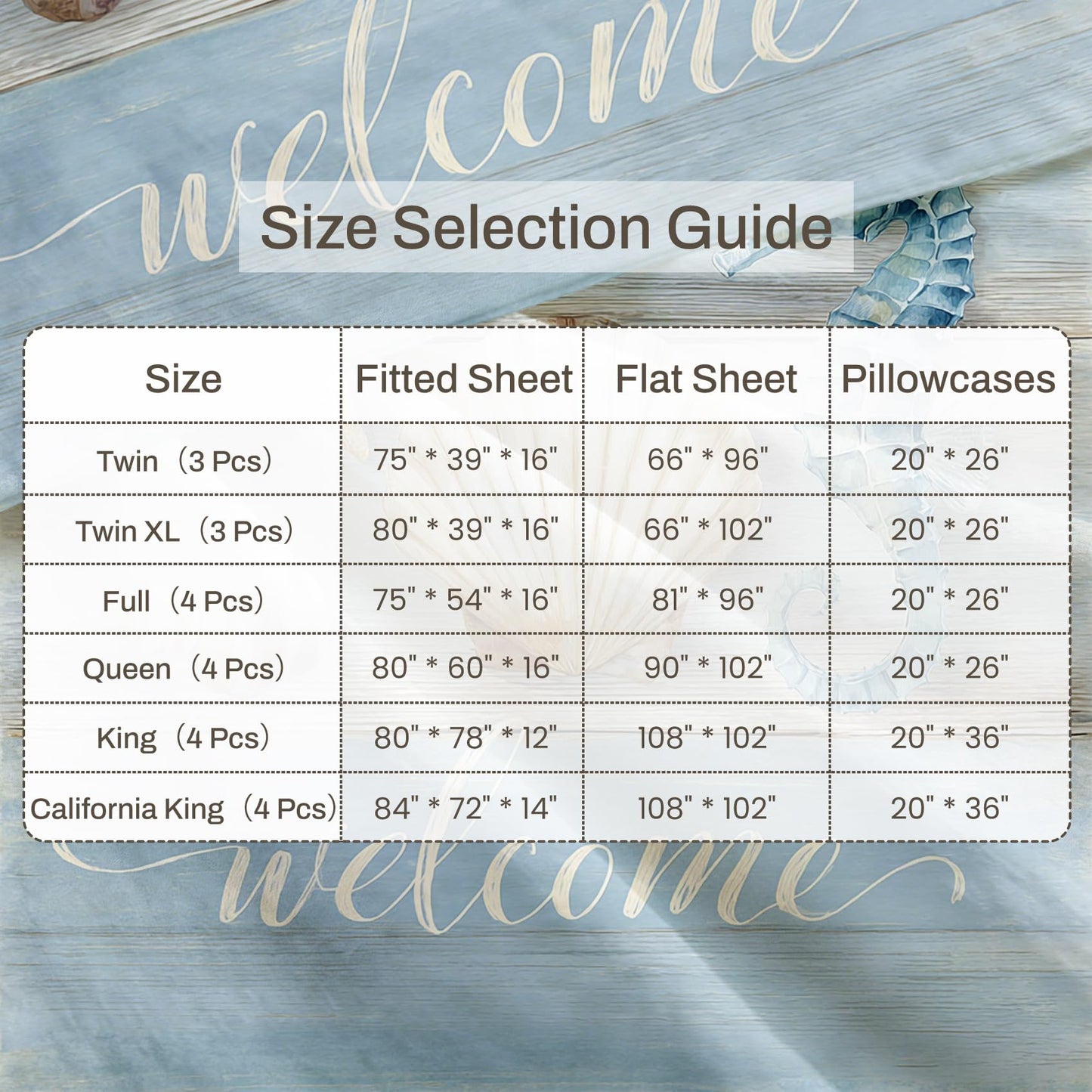 Seahorse and Shell Queen Sheet Set 4 Pcs Rustic Wooden Bed Sheets