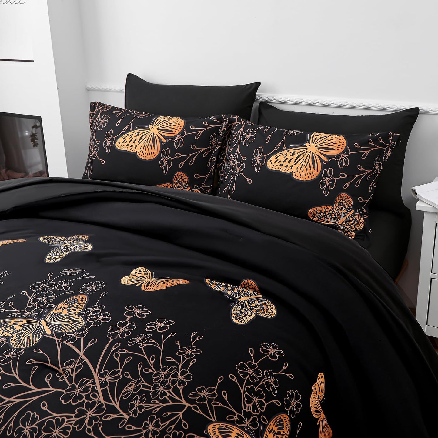 Yogeneg 7 Piece Bed in a Bag Queen Size Comforter Set Black Bedding Set,Gold Butterfly Leaves Printed on Black Reversible Design,Soft Microfiber Comforter with Sheet Set,All Season(Butterfly,Queen)