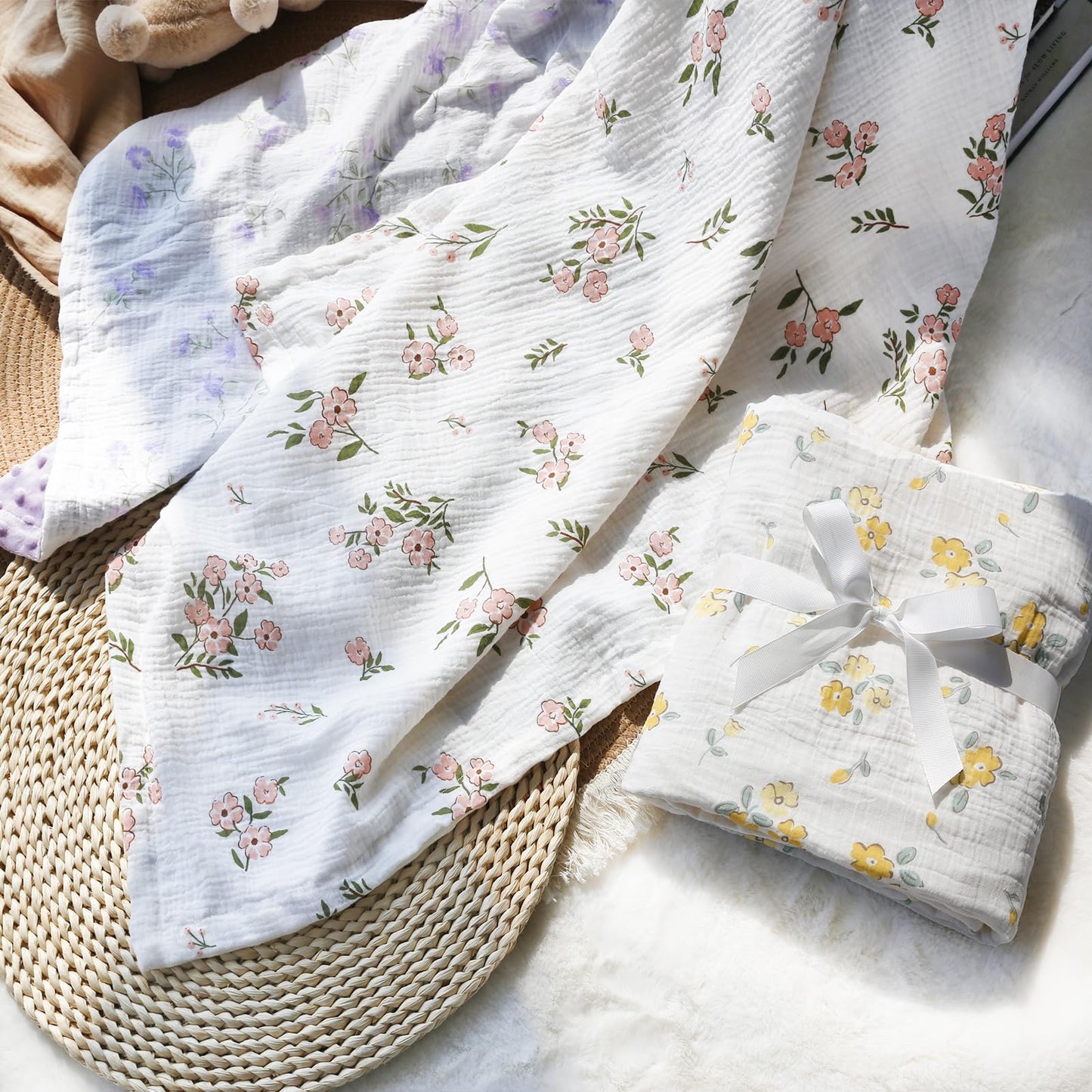 BOPRIO Baby Blankets for Unisex Boys Girls Super Soft Nursery Minky Blankets with Breathable Muslin Cotton Front and 3D Touch Dotted Fleece Backing, Floral Printed Bed Throws Newborn 30 x 40 Inch