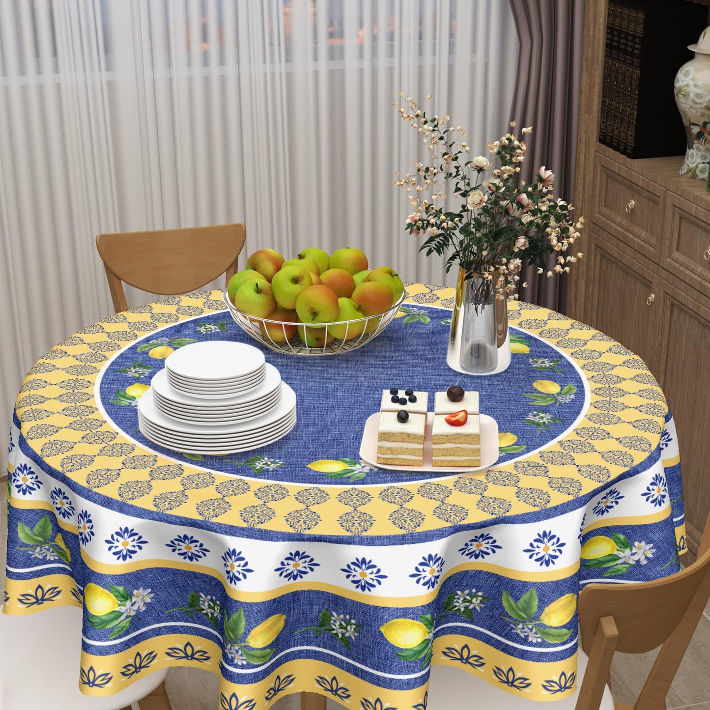 Kawani Lemon Round Tablecloth 70 Inch Blue Yellow French Country Style Fruit Floral Print Table Cloth Rustic Farmhouse Table Cover for Kitchen Dining Room Party Home Decor