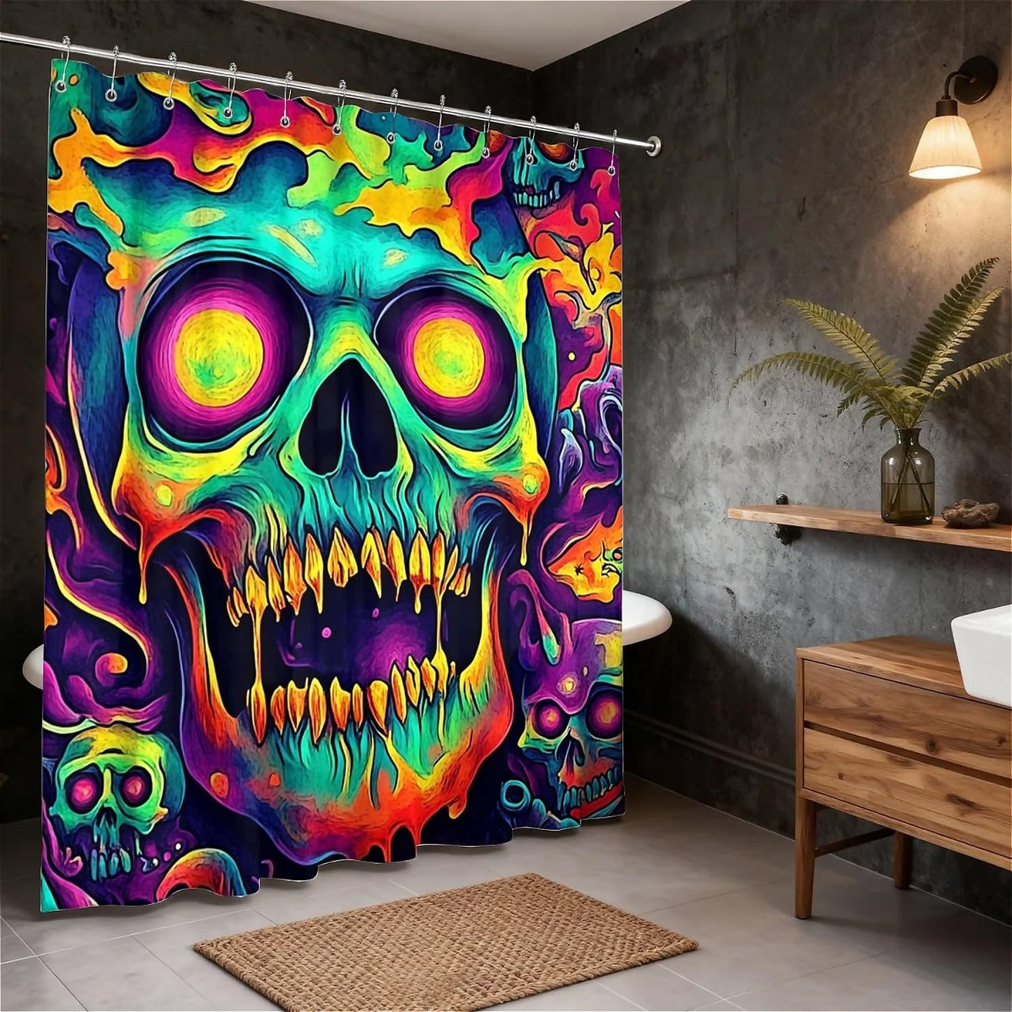 TANGXUNFA Psychedelic-Cartoon-Evil-Skull Shower Curtain for Bathroom, Water-Resistant Long Shower Curtain Set 72x72 Inch with Metal Grommets and 12 Metal Hooks
