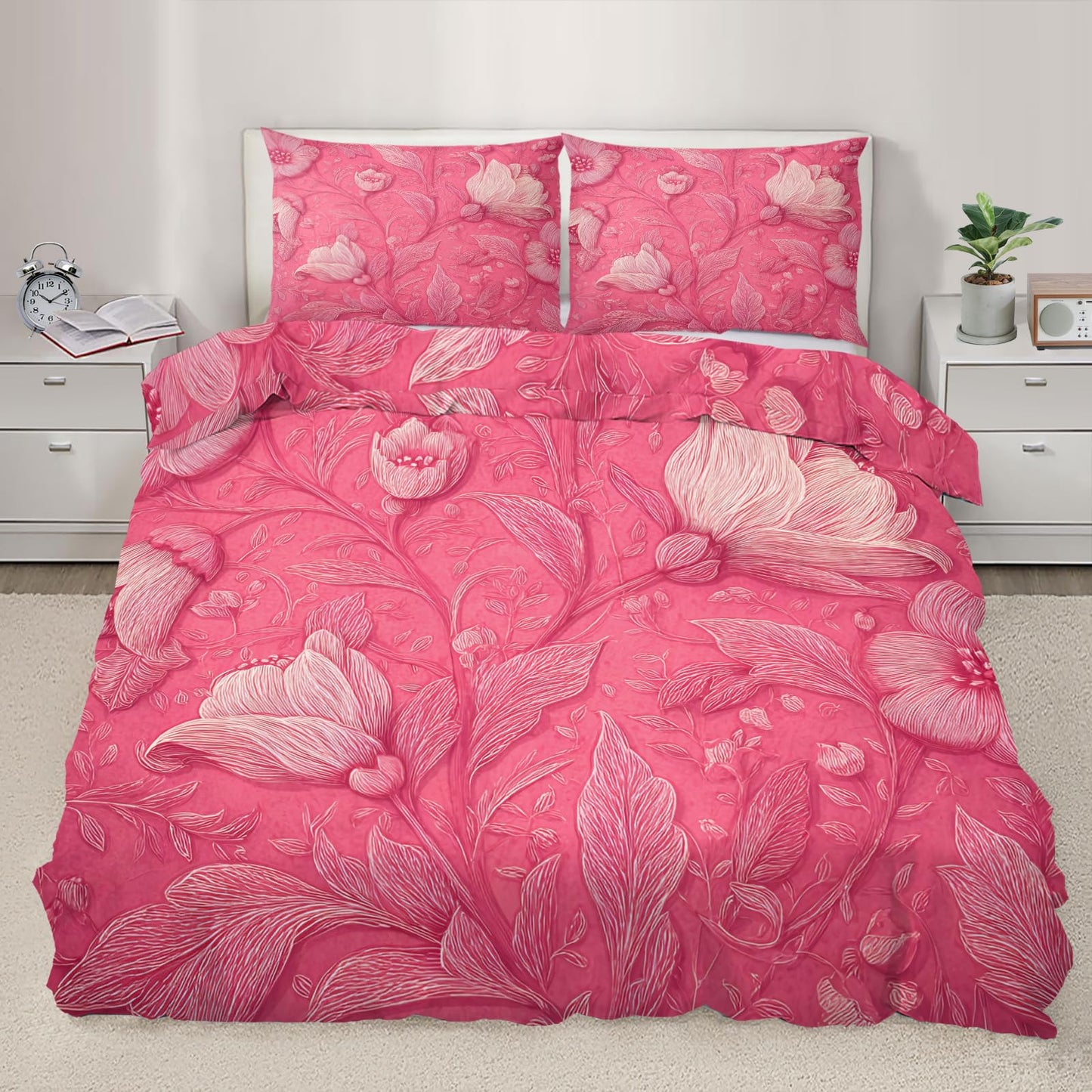 ZAMODE Floral Duvet Cover 120" x 98", Pink Flower Bedding Set, Pink Comforter Cover with Zipper Ties