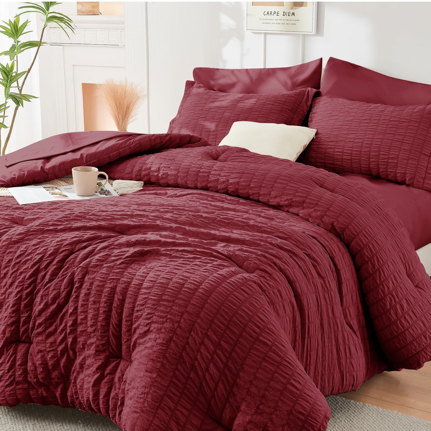 HYMOKEGE Burgundy Full Size Comforter Sets Seersucker 7 Pieces, All Season Luxury Bed in a Bag for Bedroom, Bedding Set with Comforters, Sheets, Pillowcases & Shams