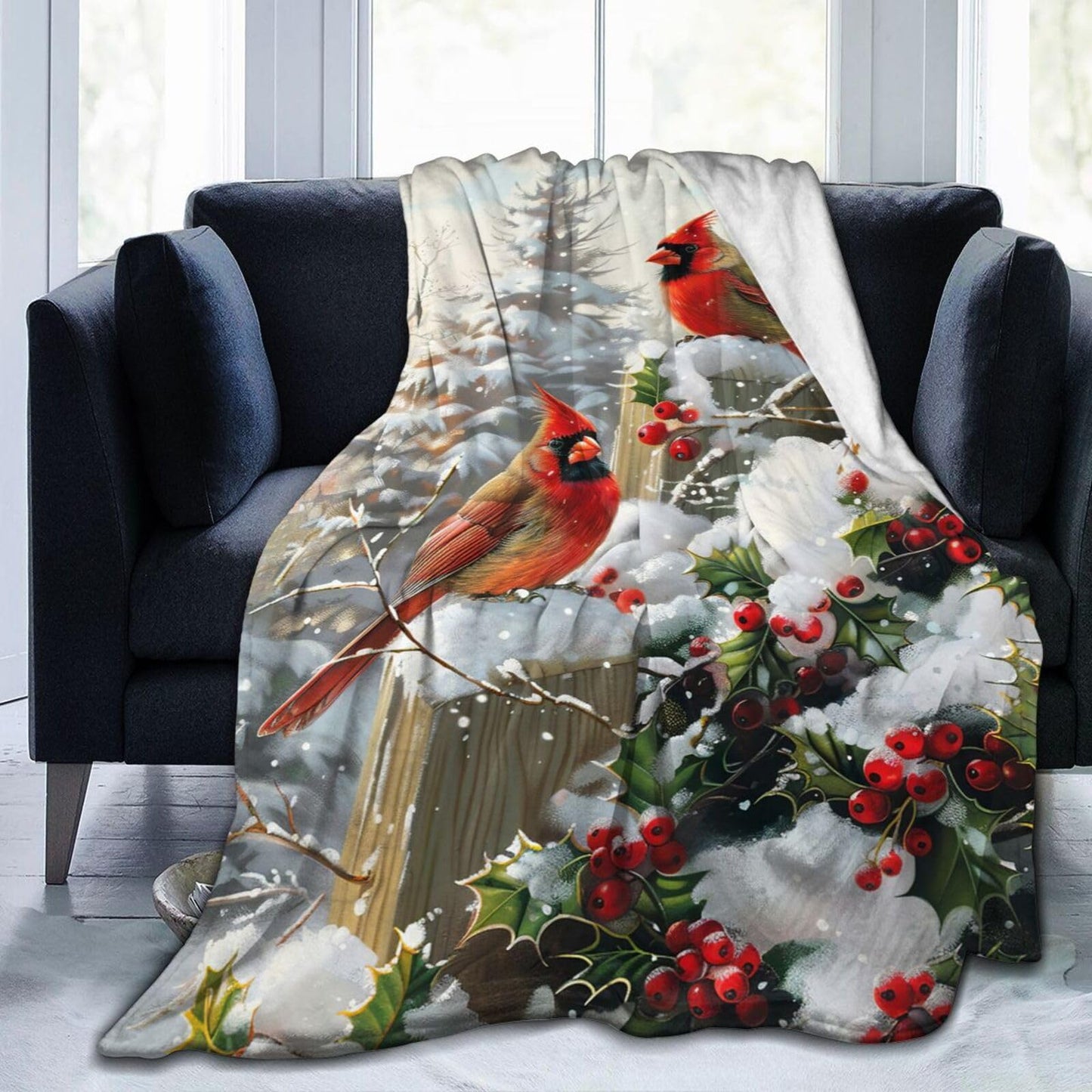 Dynova Christmas Bird Blanket Cozy Plush Red Birds Lovers Throw Blankets Fuzzy Flannel Fleece Winter Gifts for Girls Boys Women Men 50"X40"