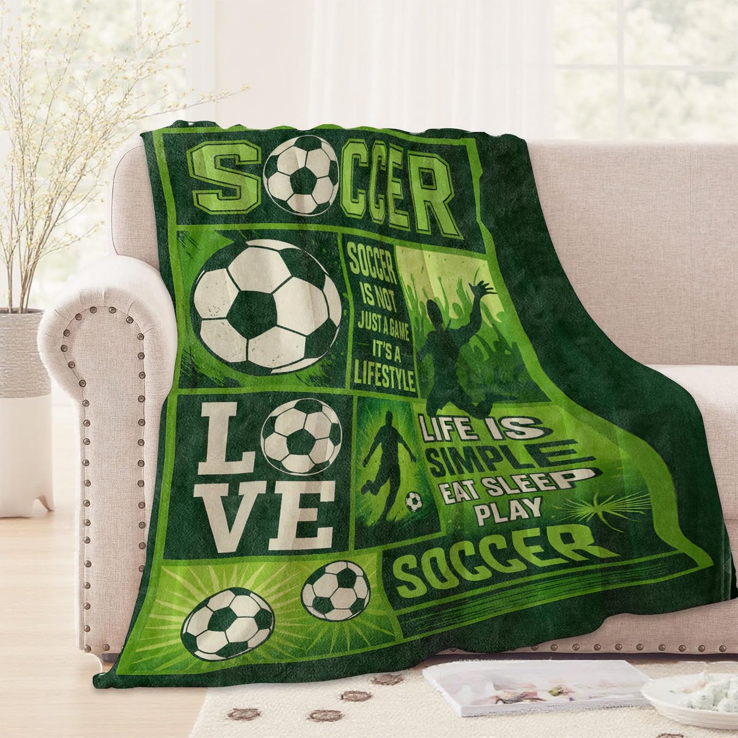 WKEDIN Sport Soccer Lifestyle Blanket,50x60in,Cozy Flannel Throw with Green and Black Graphic Balls Players Design,Soft Lightweight Gifts Blankets for Teens,Sofa Bed Travel Living Room Decor