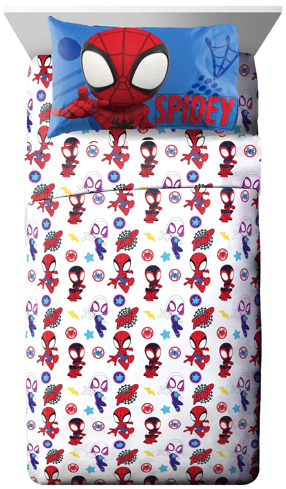Jay Franco Kids Sheet Set with Fitted, Flat Sheets & Pillow Cover - Ultra-Soft Bedding with Pillowcase for Room Decor, White - Spidey & Friends, 4 Piece Full