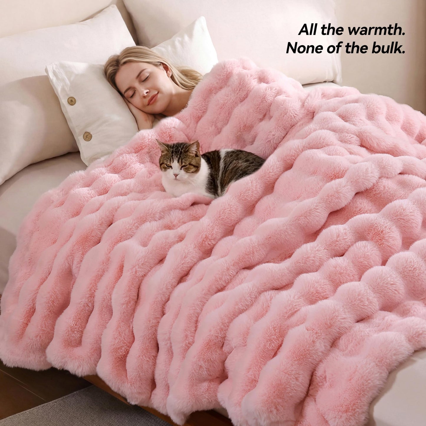 YIKUSH Faux Fur Throw Blanket for Couch, Blush Pink Fluffy Cozy Rabbit Bubble Fleece Blanket, Soft Fuzzy Blanket for Sofa & Bed, Warm Plush Thick Home Room Decor Throw 50" x 60"-1100GSM