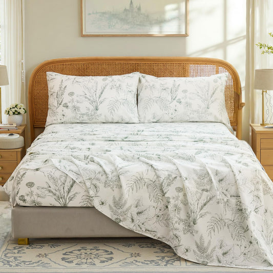 Cozaline 100% Cotton Sheet Set Queen Size – 4-Piece Chic Garden Floral Bedding Set, Soft Breathable Percale Weave, Deep Pocket Fitted Sheet 17.5", Crisp Cool Feel, Refined Botanical Elegance
