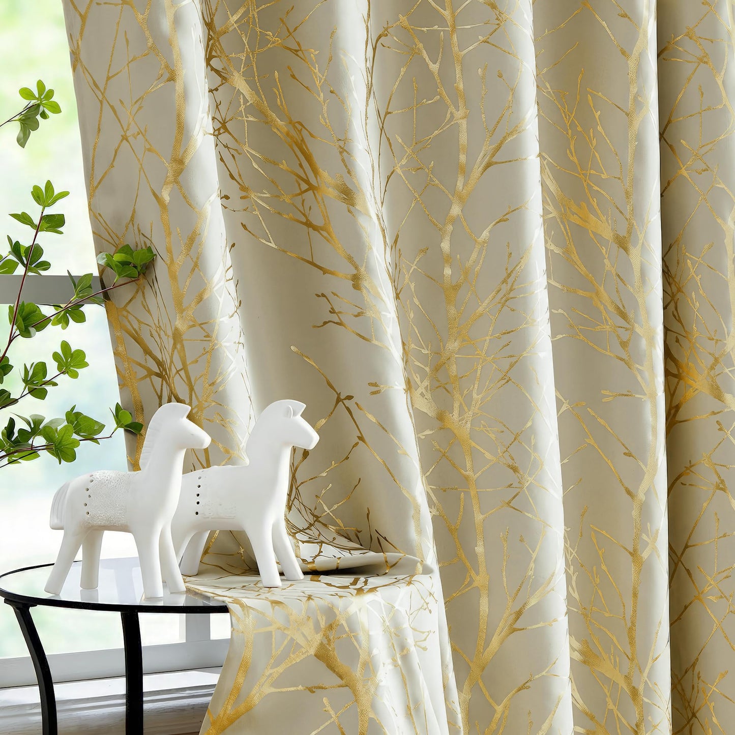 FMFUNCTEX 100% Blackout Curtains Ivory Gold Tree for Living Room, Curtains 84 Inches Long Foil Branch Patterned Panels for Bedroom, Thermal Insulated Drapes Home Office Grommet Top 2 Panels