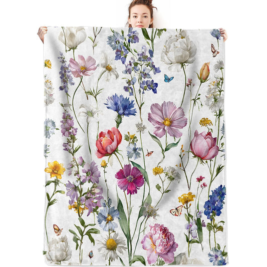olpddz Wildflower and Butterfly Flannel Blanket Gifts for Nature Lover,60x50inch,Colorful Botanical Floral Throw Blankets with White Background,for Bedroom,Sofa,Living Room,Camping Home Decor Throws