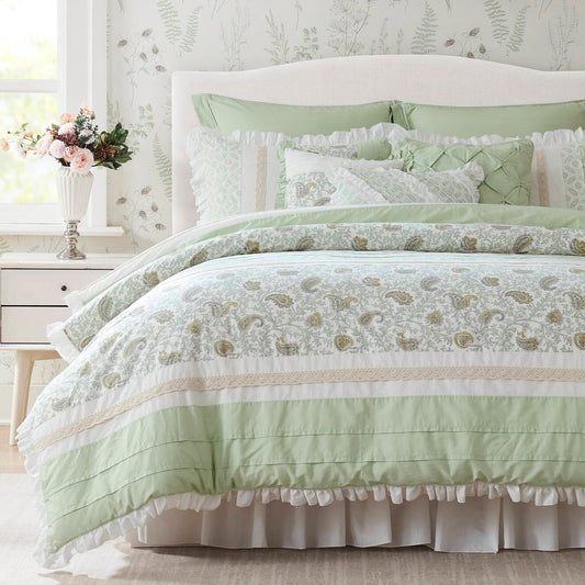 Madison Park Queen Comforter Set Cottage Cotton Comforter for Queen Size Bed, All Season, Lightweight Queen Cotton Bedding Include Shams, Bedskirt & Décor Pillows, Dawn, Queen Sage Green 9 Piece
