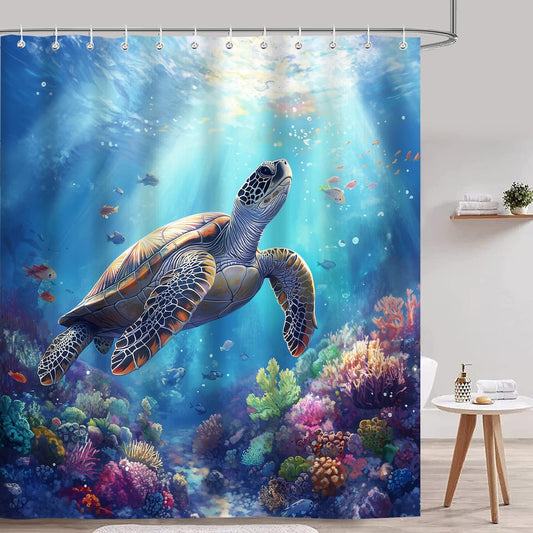 iTapnoom Sea Turtle Shower Curtain，Ocean Tropical Fish Coral Marine Life Teal Blue Shower Curtain Set for Bathroom Decor, Washable Waterproof Fabric with 12 Hooks Accessories, 72x72 inche