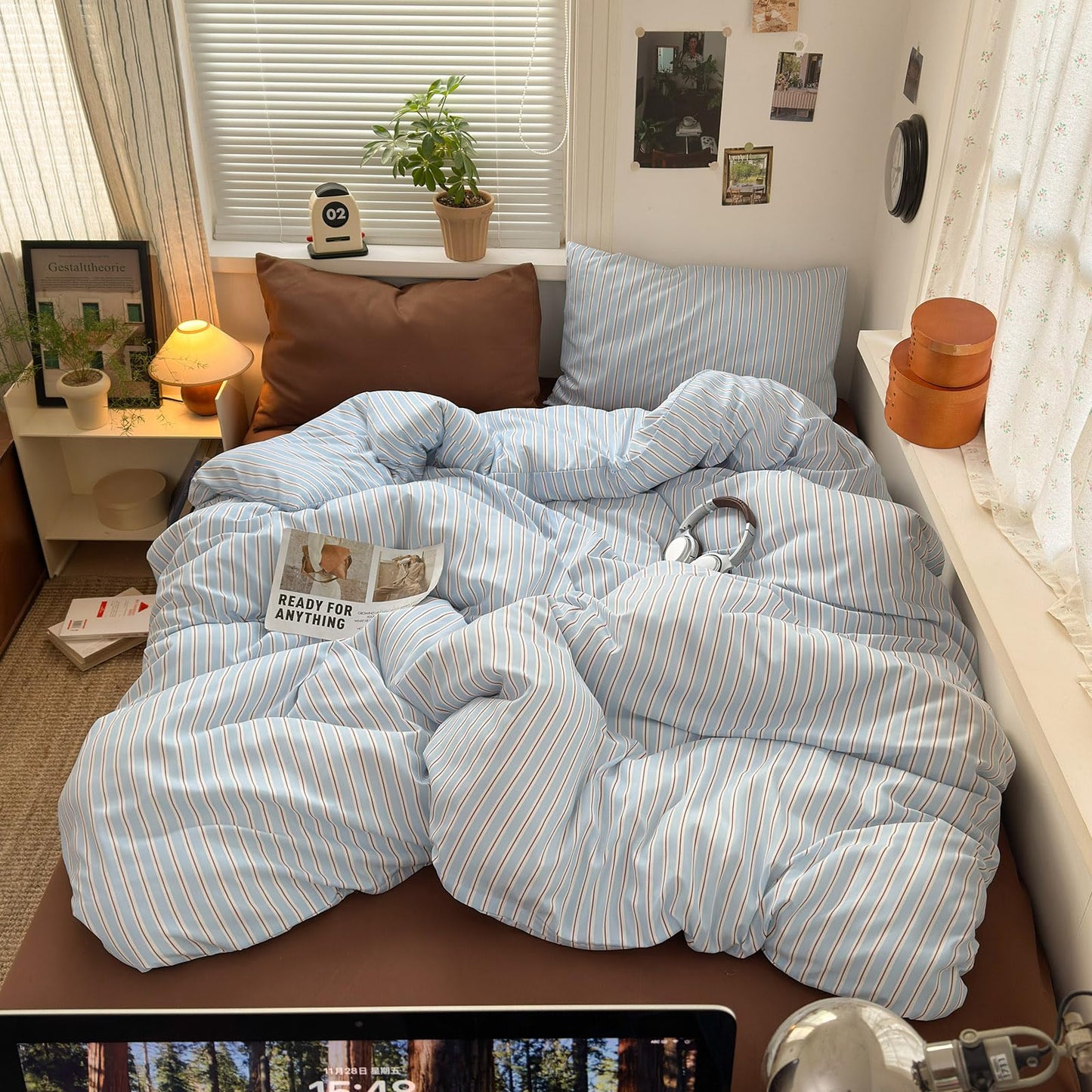 VM VOUGEMARKET Blue Brown Striped Duvet Cover Set Queen Size,Casual Stripe Bedding Set for Teens,Soft Microfiber Comforter Cover for Modern Bedroom,90"x90"