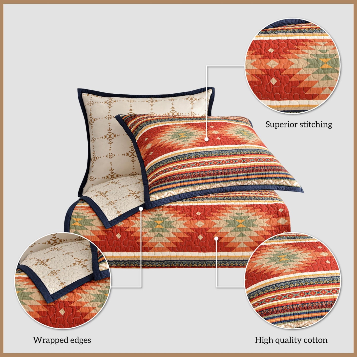 Paseo Road Del Sol Queen Quilt Set, 3 Piece Rustic Western Bedding Set with Pillow Sham, Lightweight Reversible Cotton Quilt with Southwestern Aztec Pattern, Soft Breathable Cozy Boho Bedding