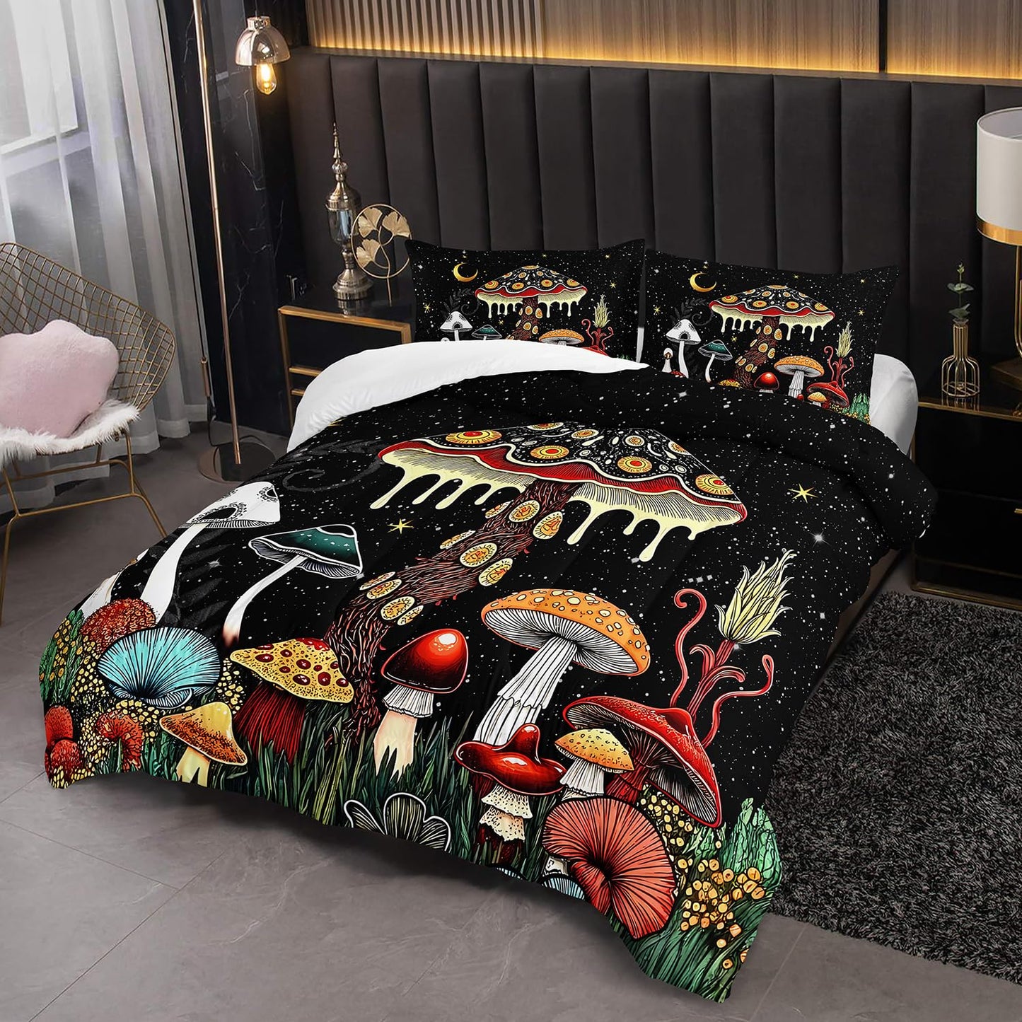 XYNHML Kids Cute Mushroom Comforter 3Pcs Queen Natural Wild Botanical Fungus Bedding Set for Kid Teen Girl Boy Adult Plants Floral Moon Night Star Quilt Bed Decor with 1 Comforter and 2 Pillowcases
