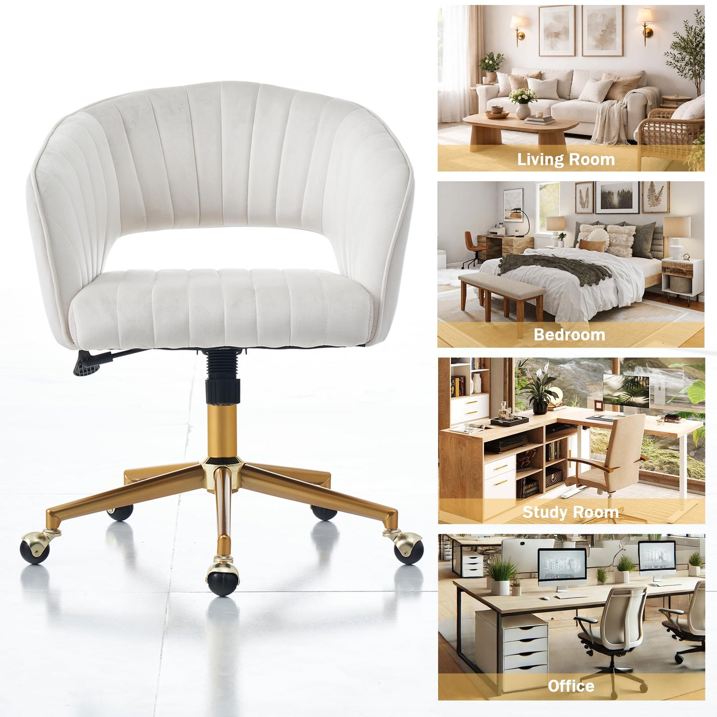 Kiztir Vanity Chair with Wheels, Criss Cross Velvet Vanity Chair with Back Modern Home Office Desk Chair Swivel Accent Chair for Bedroom Living Room (Beige)