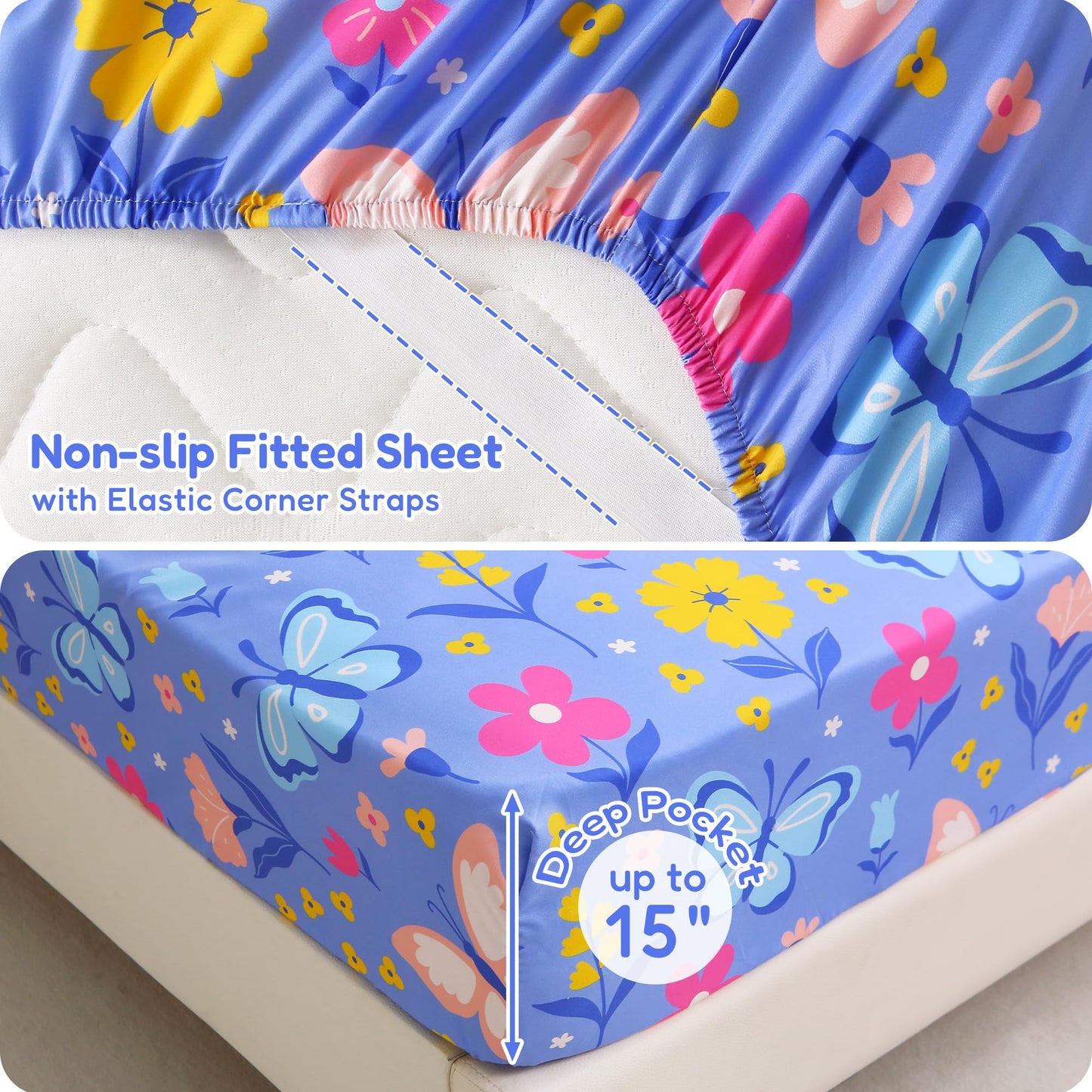 Softan Kids Twin Sheets Set, 3 Piece Butterfly Floral Bedding Set for Girls, Soft Breathable Microfiber with 15" Deep Pocket, Fitted Flat Sheet & Pillowcase