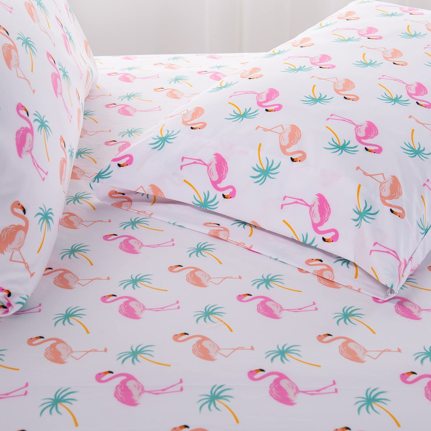 Elegant Comfort Ultra-Soft Double Brushed 6-Piece Microfiber Sheet Set Beautiful Tropical Patterns, and Vibrant Solid Colors, Luxury, All-Season Bed Sheet Set - Flamingo, Queen