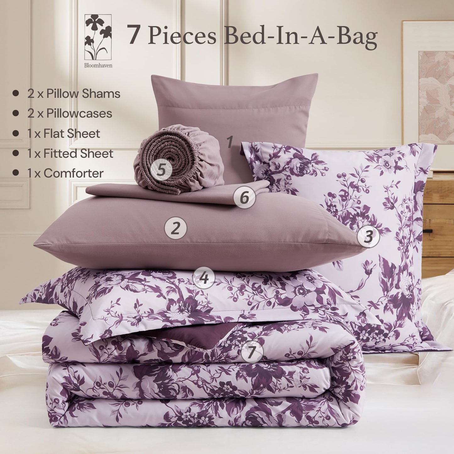 BLOOMHAVEN Queen Comforter Set -7 Pieces Deep Purple Floral Comforter Set for All Seasons, Bed in a Bag Queen with Botanical Flowers Comforter, Sheets, Pillowcases & Shams