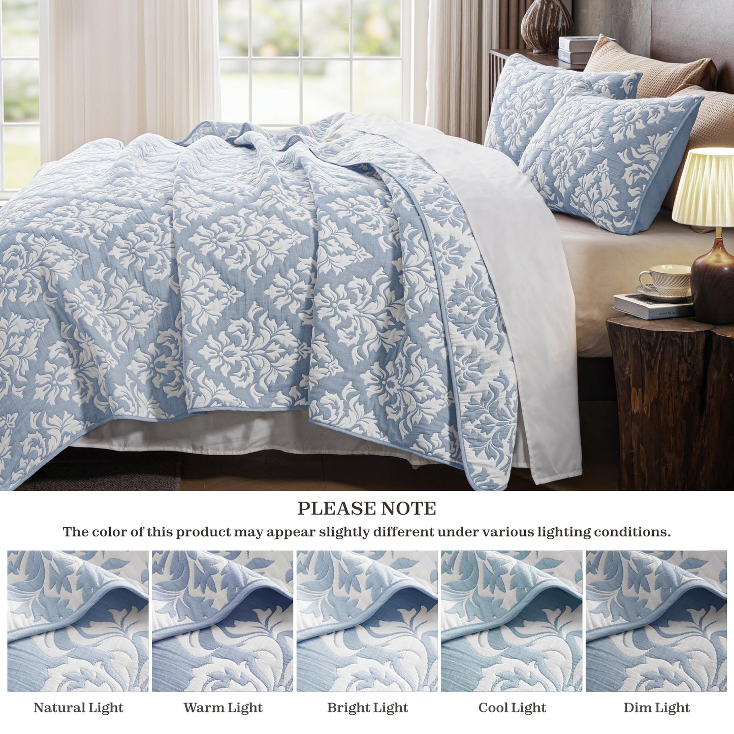Exclusivo Mezcla Cotton Quilts King Size Blue, Soft Lightweight Bedspread Breathable Prewashed Bed Coverlet with 2 Pillow Shams, Boho Pattern Yarn Dyed Muslin Quilt Bedding Set for All Seasons