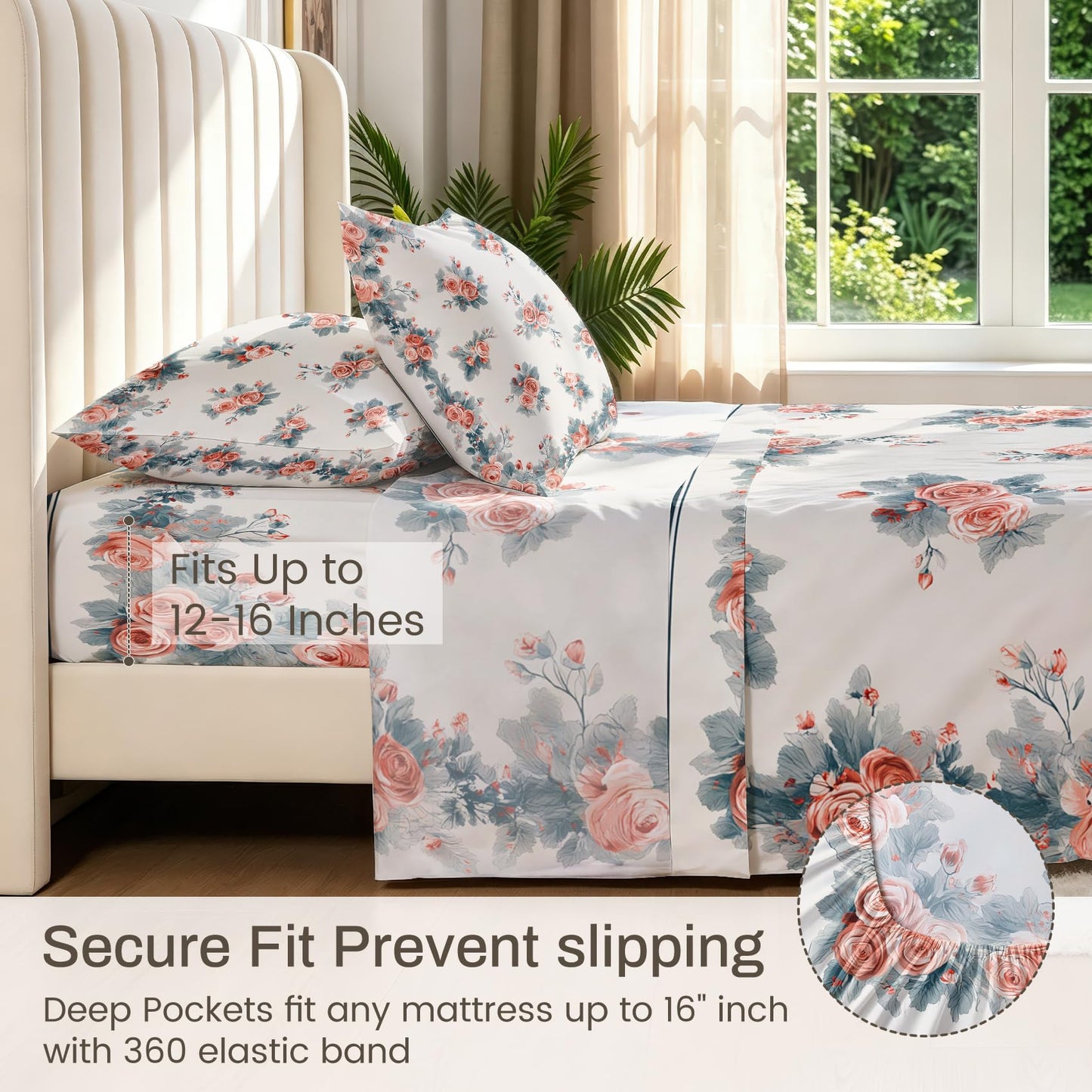 Pink Roses Sheet Set, 4 Pcs Full Size Girls Floral Bed Sheets