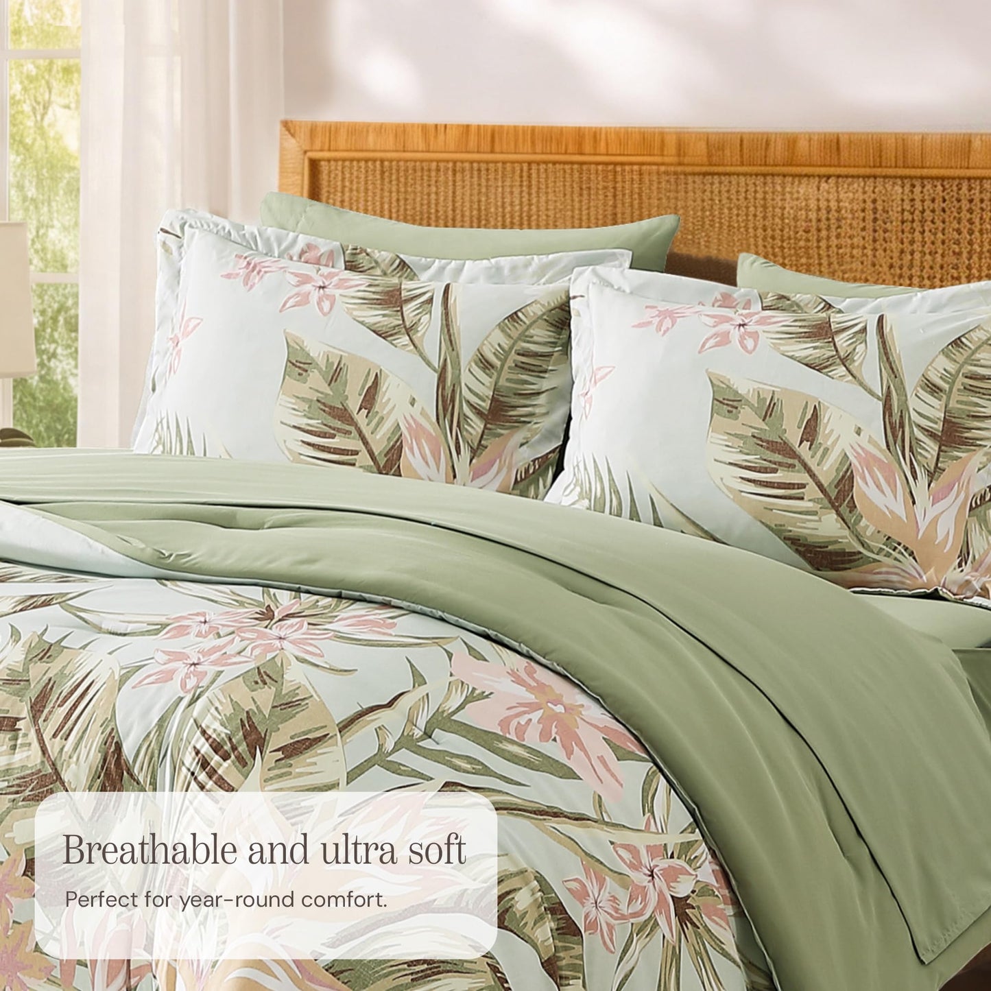BLOOMHAVEN Queen Comforter Set -7 Pieces Palm Leaf Bedding Set for All Seasons, Bed in a Bag with Tropical Flowers Comforter, Sheets, Pillowcases & Shams