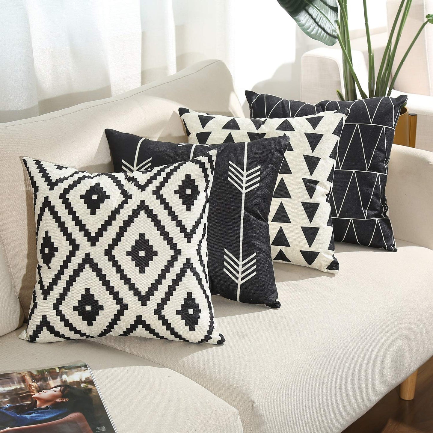 Tosewever Set of 4 Decorative Geometric 18 x 18 Inches Throw Pillow Covers - Modern Pattern Linen Square Pillow Cushion Case for Sofa Couch Bed Home Outdoor Car (18" x 18", Black)