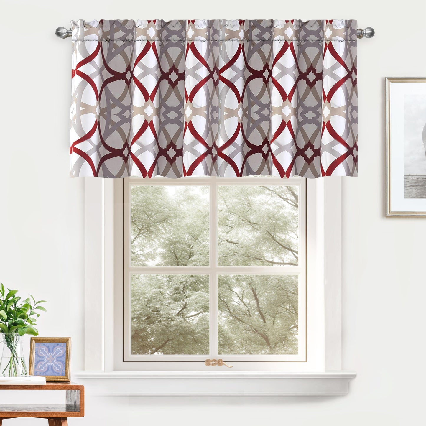 DriftAway Alexander Blackout Valances for Windows Thermal Insulated Kitchen Topper Geometric Moroccan Mid Century Pattern Match Thick Bathroom Curtain Valance Rod Pocket 52 Inch by 24 Inch Red/Gray