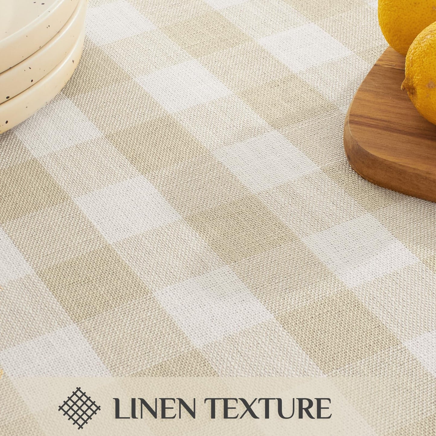 Softalker Checkered Tablecloth Rectangle, Outdoor Linen Cotton Gingham Table Cloth with Tassel, Heavy Duty Wrinkle Free Buffalo Plaid Table Cover for Kitchen Dining Summer Party - 55 x 120 Inch, Beige