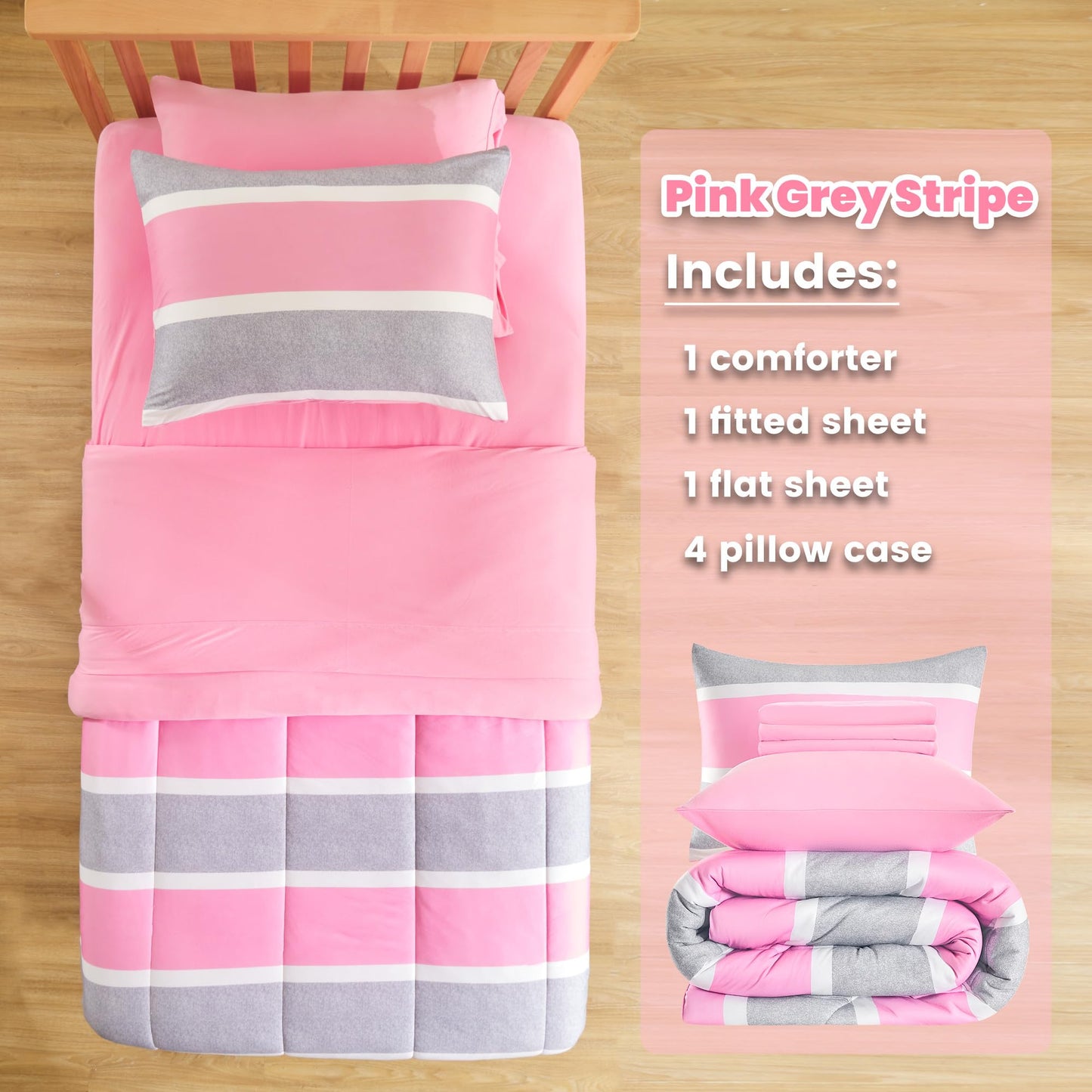 SLEEP ZONE Kids Comforter Set Full/Queen Size, Jersey Knit 7 Pieces Bedding, Super Soft and Breathable Comforter with Sheets, Pillowcases (Pink Grey Stripe)