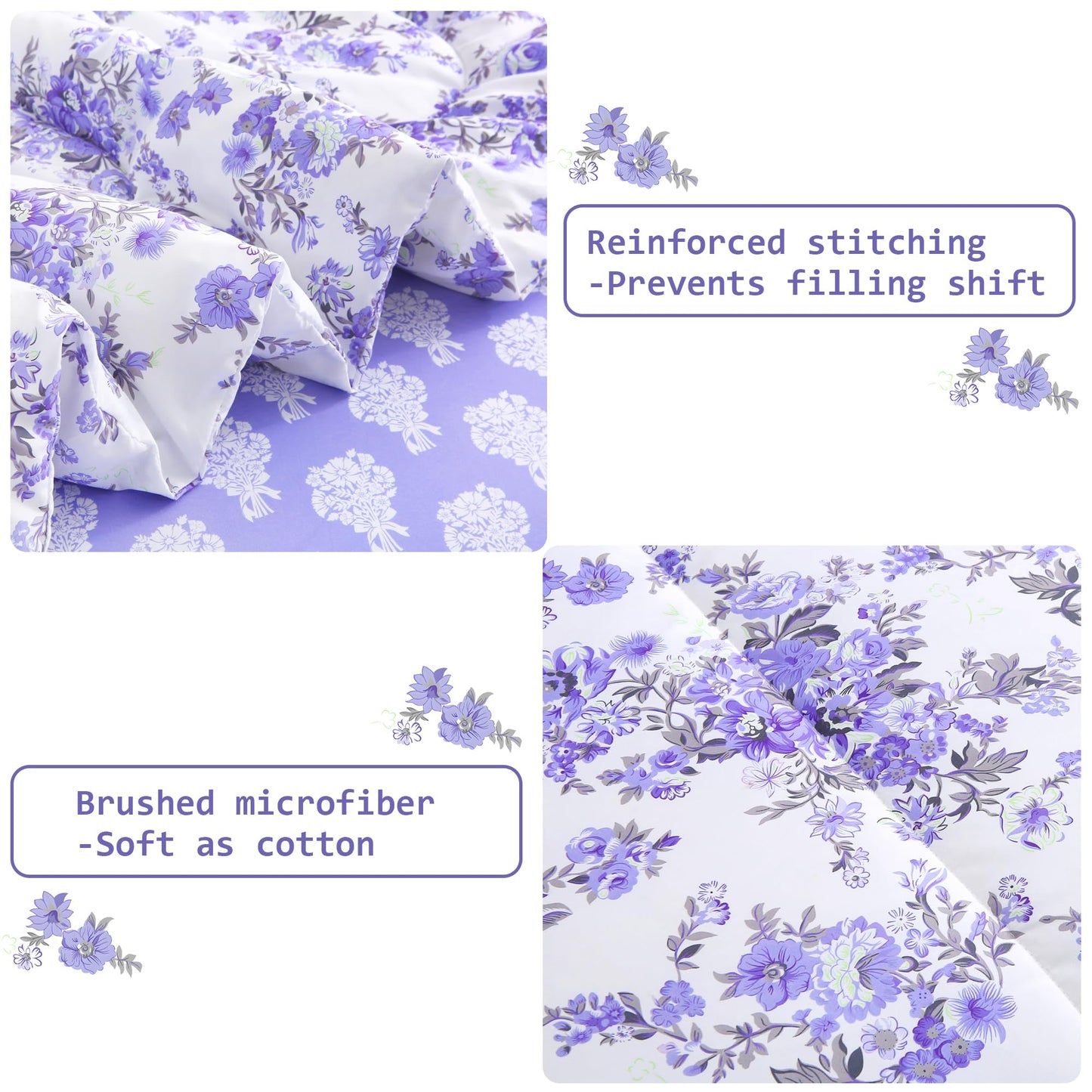 lasoftan Floral Queen Comforter Set with Sheets, 7 piece Luxury Vintage Bedding, Soft Microfiber Bed in a Bag, Cozy Lightweight Bed Set, Lavender Flower Grey Leaf