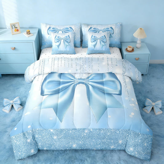 Feelyou Kids Cute Bowknot 7 Pieces Bedding Set Twin Size, Dreamy Princess Comforter Set with Sheets Boys Girls Glitter Bed in A Bag Blue Bow Teens Bed Set Bedroom Decor 7Pcs