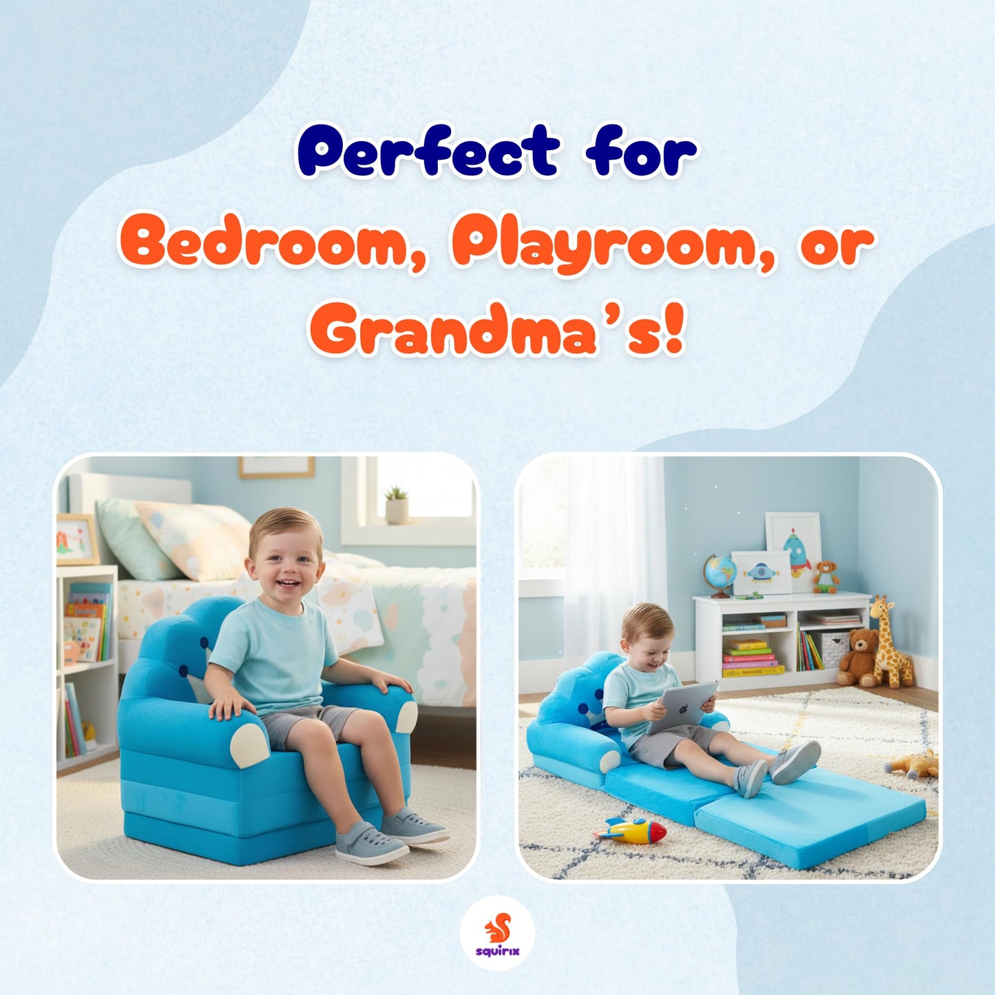 Squirix Kids Folding Chair – Plush Royal Crown Fold Out Chair Bed for Toddlers – Soft Kid Couch for Boys – Lightweight Washable Kids Furniture for Bedroom, Playroom, or Travel (Blue)