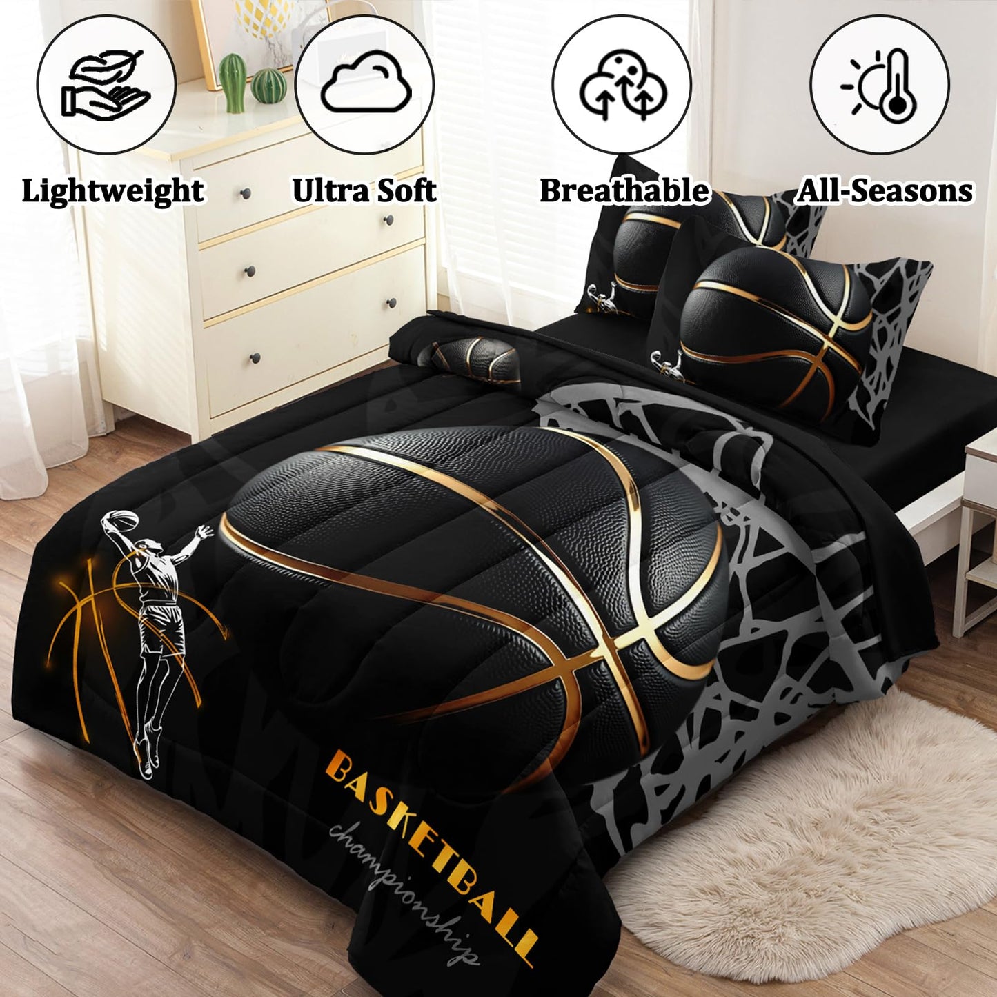 HICAND 5 Pcs Basketball Full Bedding Set for Boys Teens, Full Size Sports Cool Basketball Boys Comforter Set with Sheets