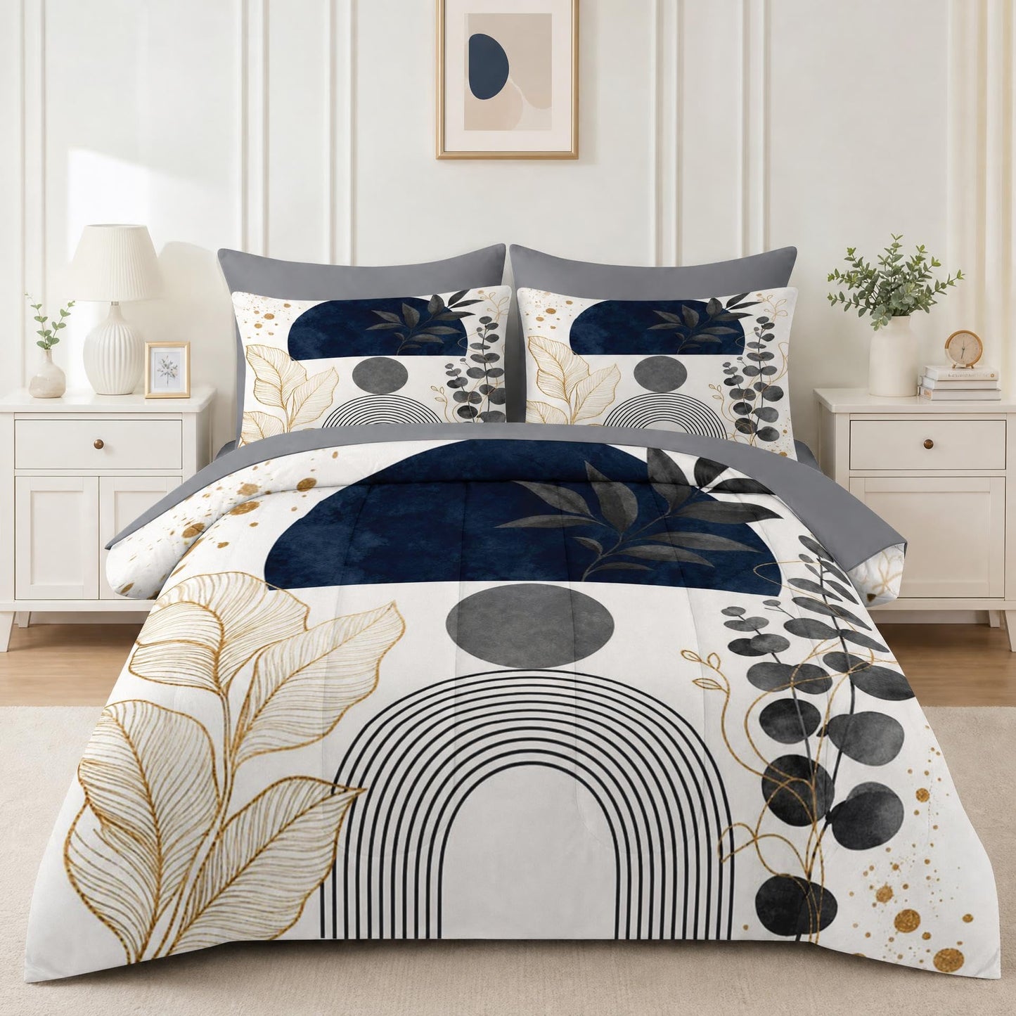Boewywh Comforter Set Twin Size Abstract Boho Botanical 7 Pcs, Bedding for Kids and Adults, Gold Navy Bed Sheet Sets with Fitted Sheet 2 Pillowcases & 2 Shams for Bedroom Bed Decor