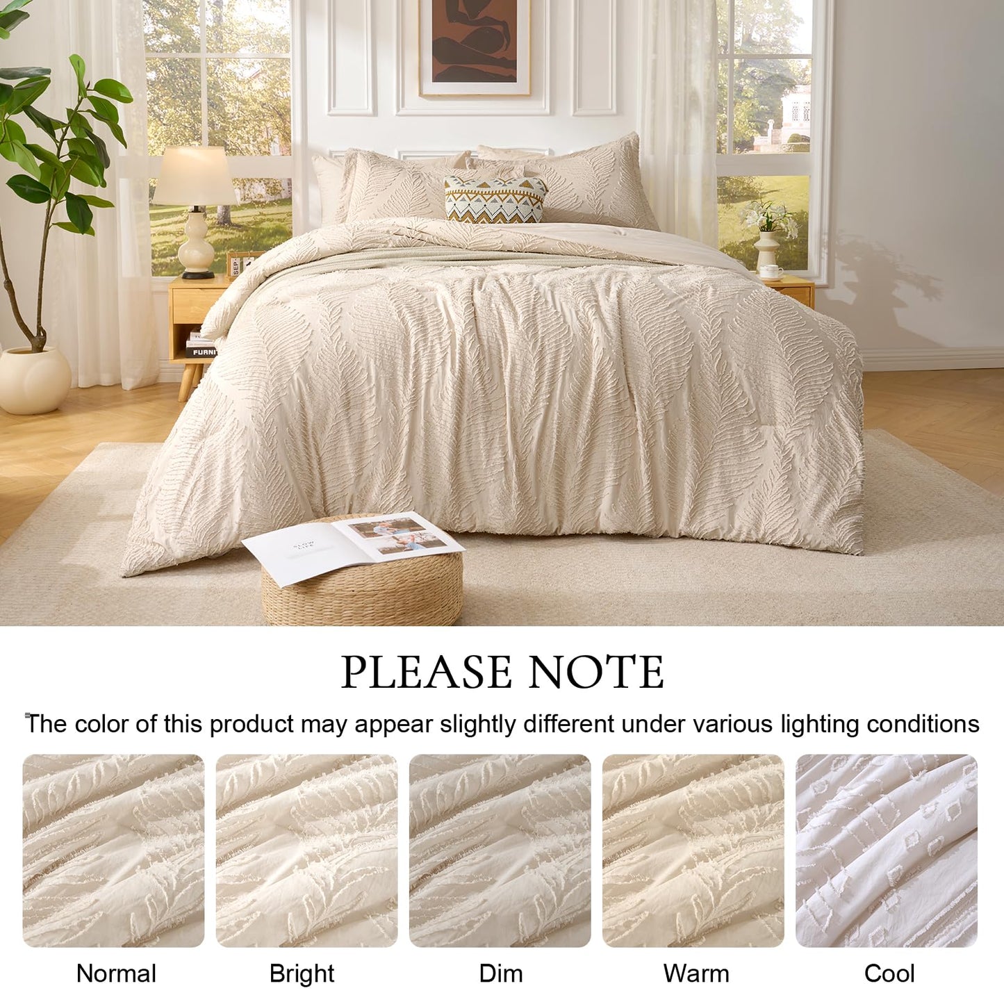 Jameswish 7 Pieces Tufted Boho Comforter Set Leaves Floral Khaki Farmhouse Shabby Chic Embroidered Bedding for All Seasons Queen Size with Comforter Sheets Pillowcases Shams