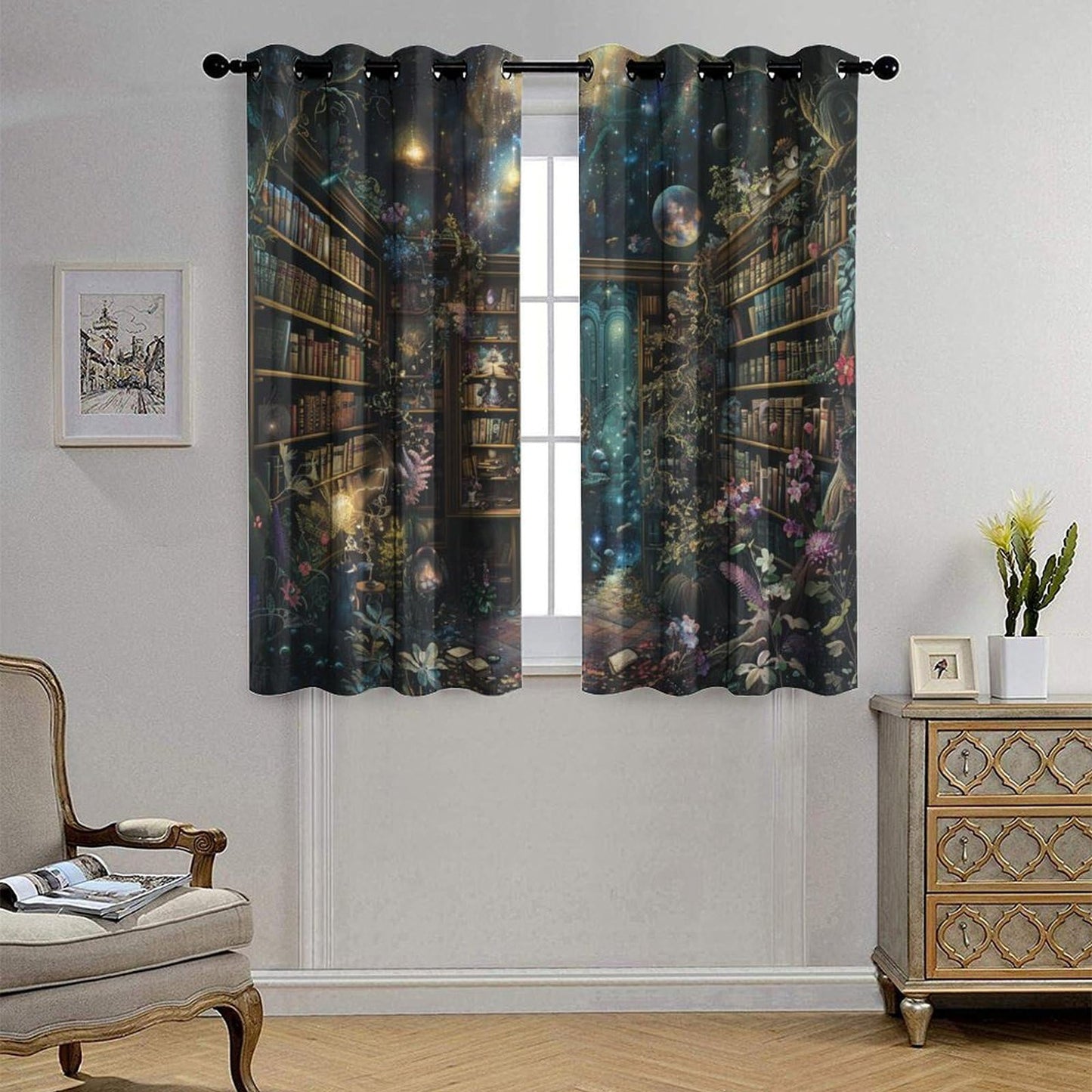 HDESDIS Vintage Library Blackout Curtains for Bedroom Living Room, Classic Floral Bookshelf Space Thermal Insulated Curtains Window Drapes with Grommet, 21W x 45L, 2 Panels