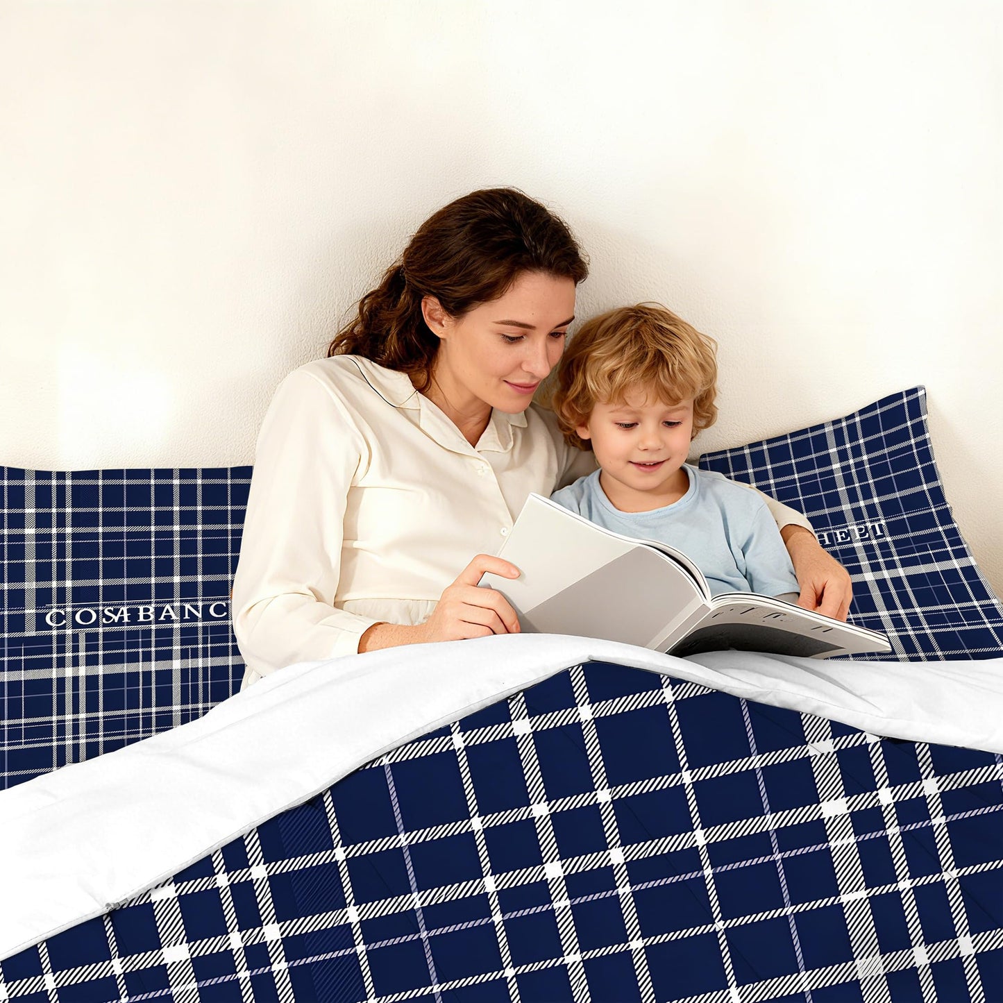VTKON Navy Blue Plaid Comforter Set for Boys Queen Size, Classic Preppy Check Bedding Set for Boys Teens, Timeless Navy and White Bed Sets for Dorm with 2 Pillowcases
