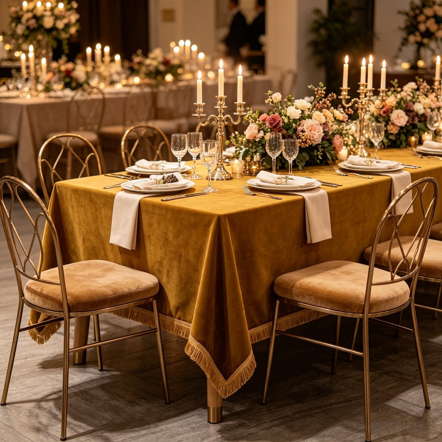 FAIRY KAARI Velvet Tablecloth Luxurious Camel Rectangle Table Tablecloth Thickset with Luxurious Gold Tassels Table Cloth for Home Decor Christmas Wedding, Party, Banquet and Events 55X86inch