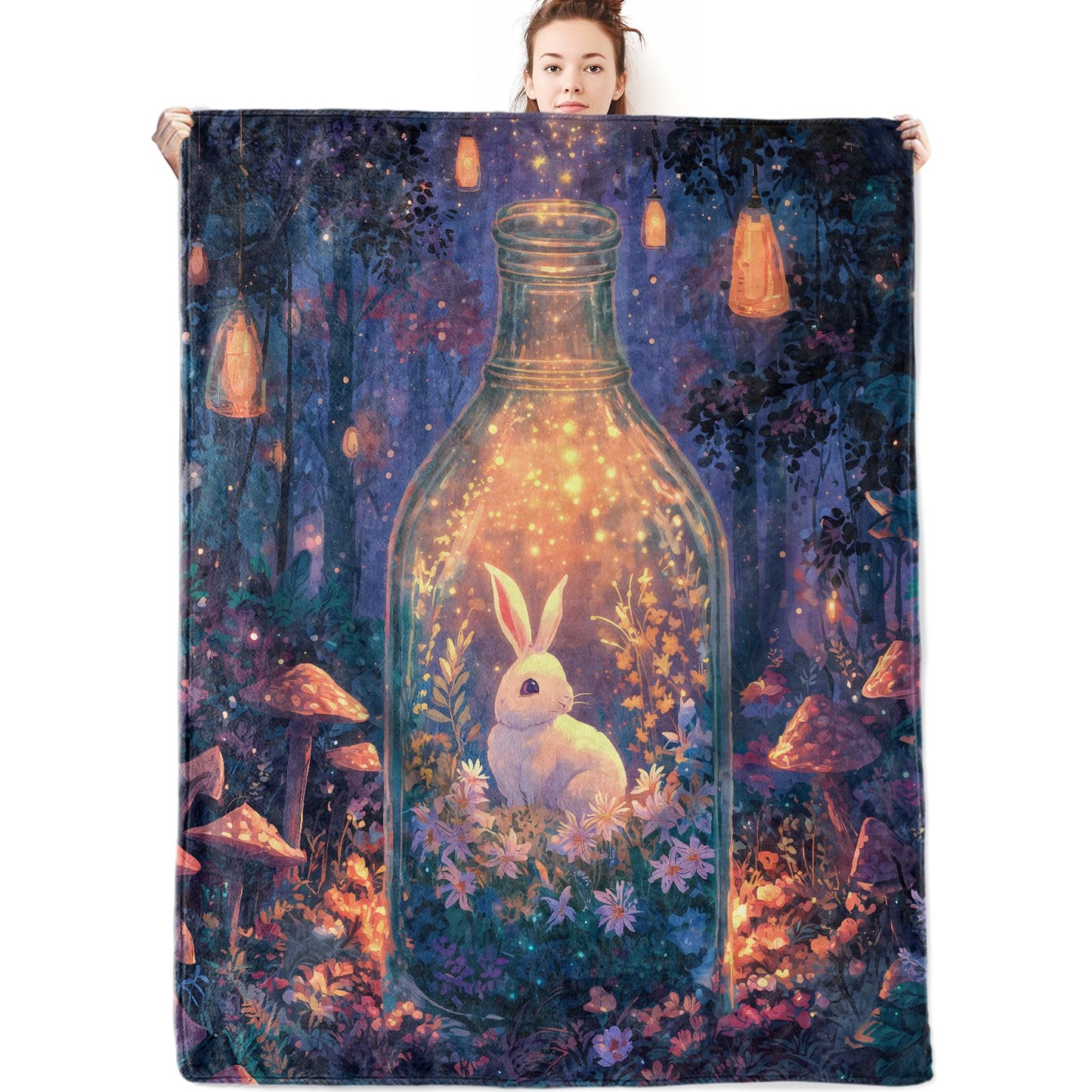 olpddz Magical Bunny Flannel Blanket Gifts for Animal Lover,60x50inch,Fantasy Forest Throw Blankets with Rabbit in Bottle and Mushroom,for Bedroom,Sofa,Living Room,Camping Home Decor Throws