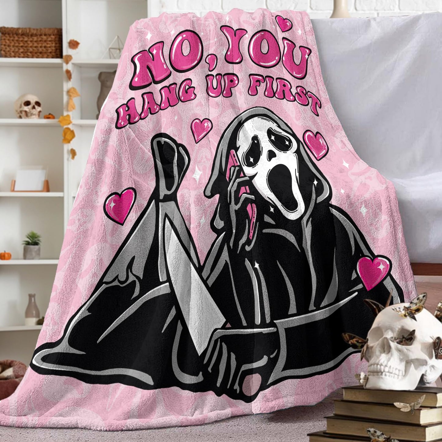 Paayna Grim Reaper Pink Horror Flannel Throw Blanket, No You Hang up First Funny for Kids Men Women, Romantic Love Heart Soft Blankets for Bedding Sofa 50 x 60 Inches