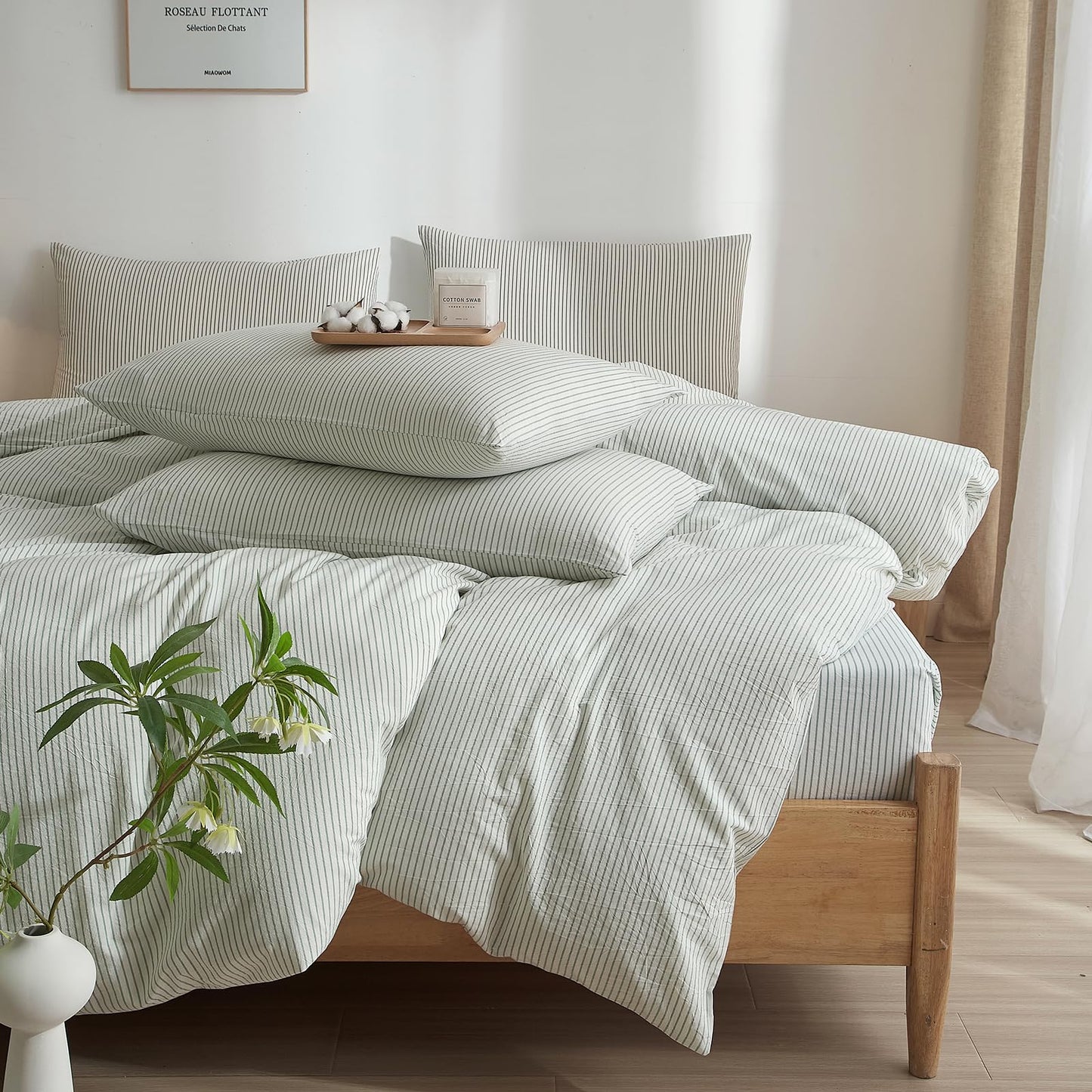 MWL Toy Striped Duvet Cover Set Queen Size 3 Pcs Breathable Durable 100% Washed Cotton Comforter Cover for All Seasons Chic Linen Like Textured Bedding Set (White Green Pinstripes, Queen)