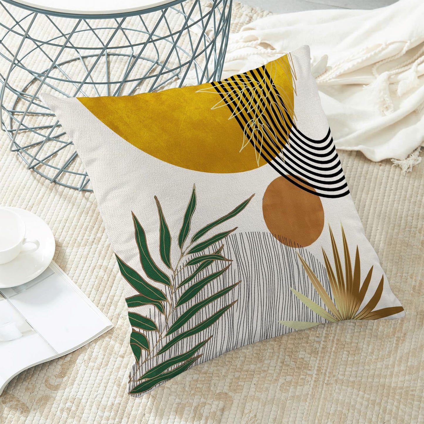 Boho Pillow Covers 16x16 Inch 2 Pcs,Mustard Yellow Green Tropical Leaf Summer Outdoor Decorative Throw Pillows,Mid Century Abstract Farmhouse Decor Pillowcase Linen Cushion Cover for Couch Sofa
