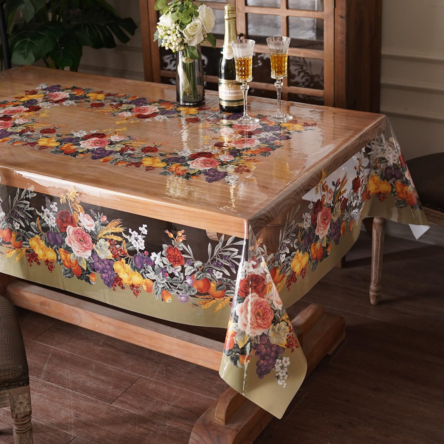 Artbloss Clear Table Cover Protector Vinyl PVC Rectangle Table Cloth with Floral Fruit Pattern Oil Spill Proof Plastic Tablecloths for Dining Tables Parties Holidays (Floral Fruit, 52 x 70 Inches)